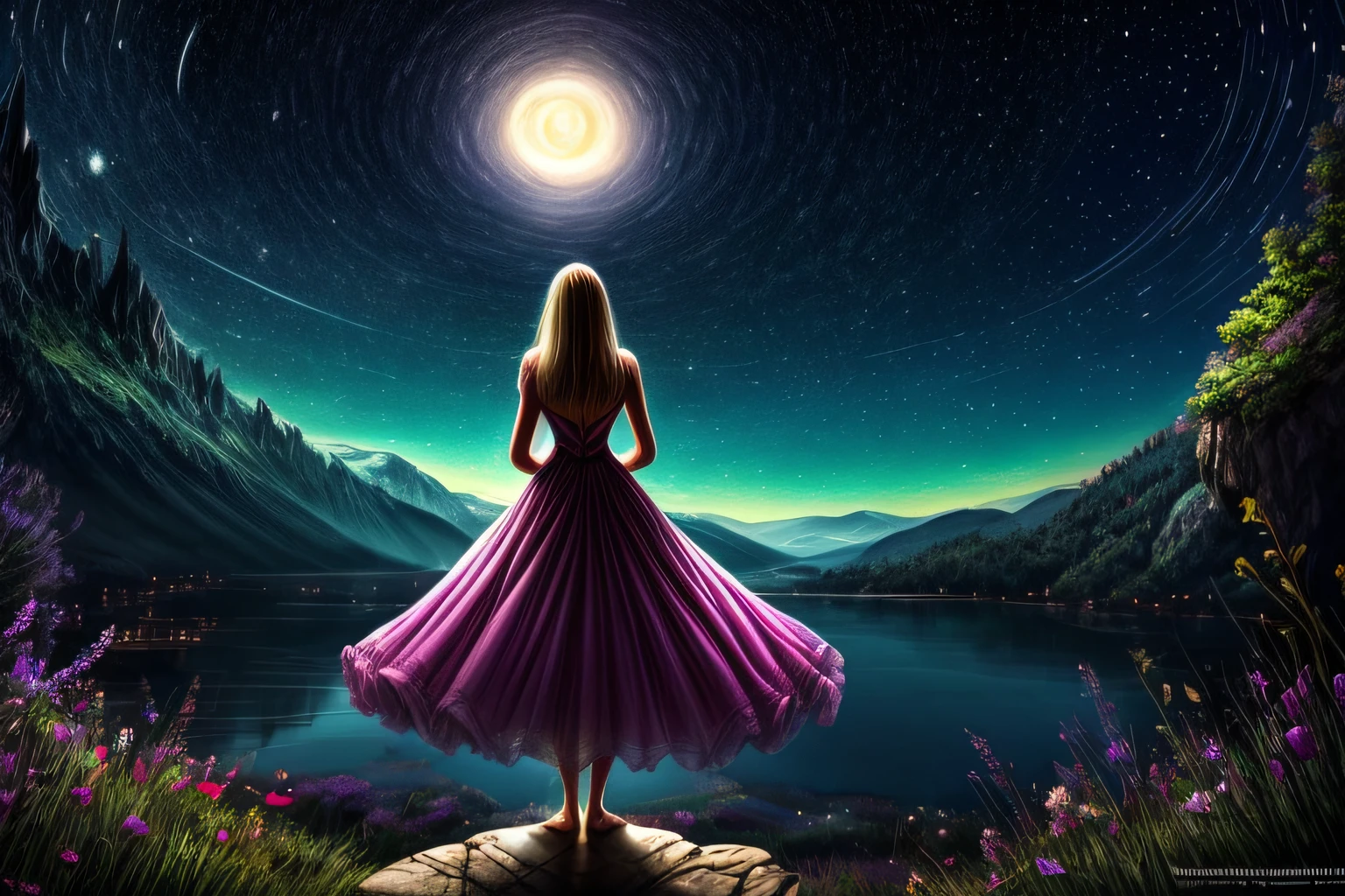 A busty 40 year old woman /_portrait_of_a_busty_woman _in_ S&M cosplay / gorgeous fantasy circus, starry night sky, cinematic lighting effects, fairy tales, light reflections, lots of details, HD. Beautifuly detailed, intricate, insanely detailed. / elegant extremely detailed fantasy many rainbow bubbles masterpiece wallpaper fantastic view hyperrealistic Jacek Yerka Van Gogh light reflections Thomas Kinkade magical Wassily Kandinsky H.R.Giger Ernst Haeckel light filled Epic James Gurney Hypnotic illuminated bioluminescence otherworldy Crystaldelic