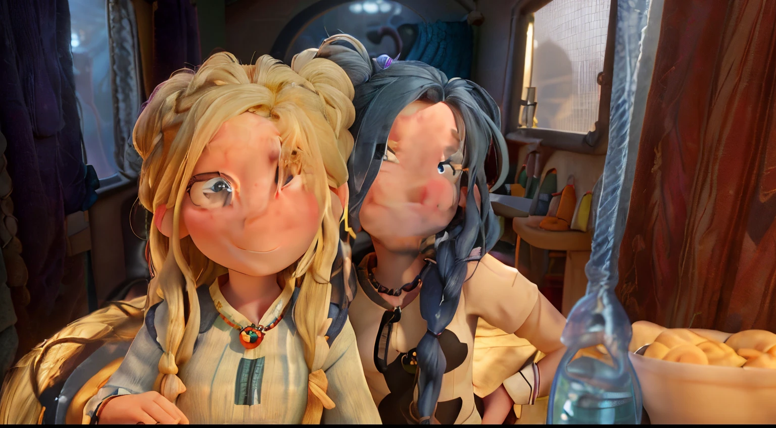 pixar selfie of two girls smiling. girl one is blonde with dreadlocks. her hair is down eyes are blue. two strands of hair are in her face and two space buns tied up on top wearing black tie dye. the blonde has a septum piercing. she has a big shell necklace. the second girl is behind the first girl on the right with dark hair. her hair is wavy flowing down with hair covering her right eye. she has bright blue eyes. her shoulder is out. 3d image