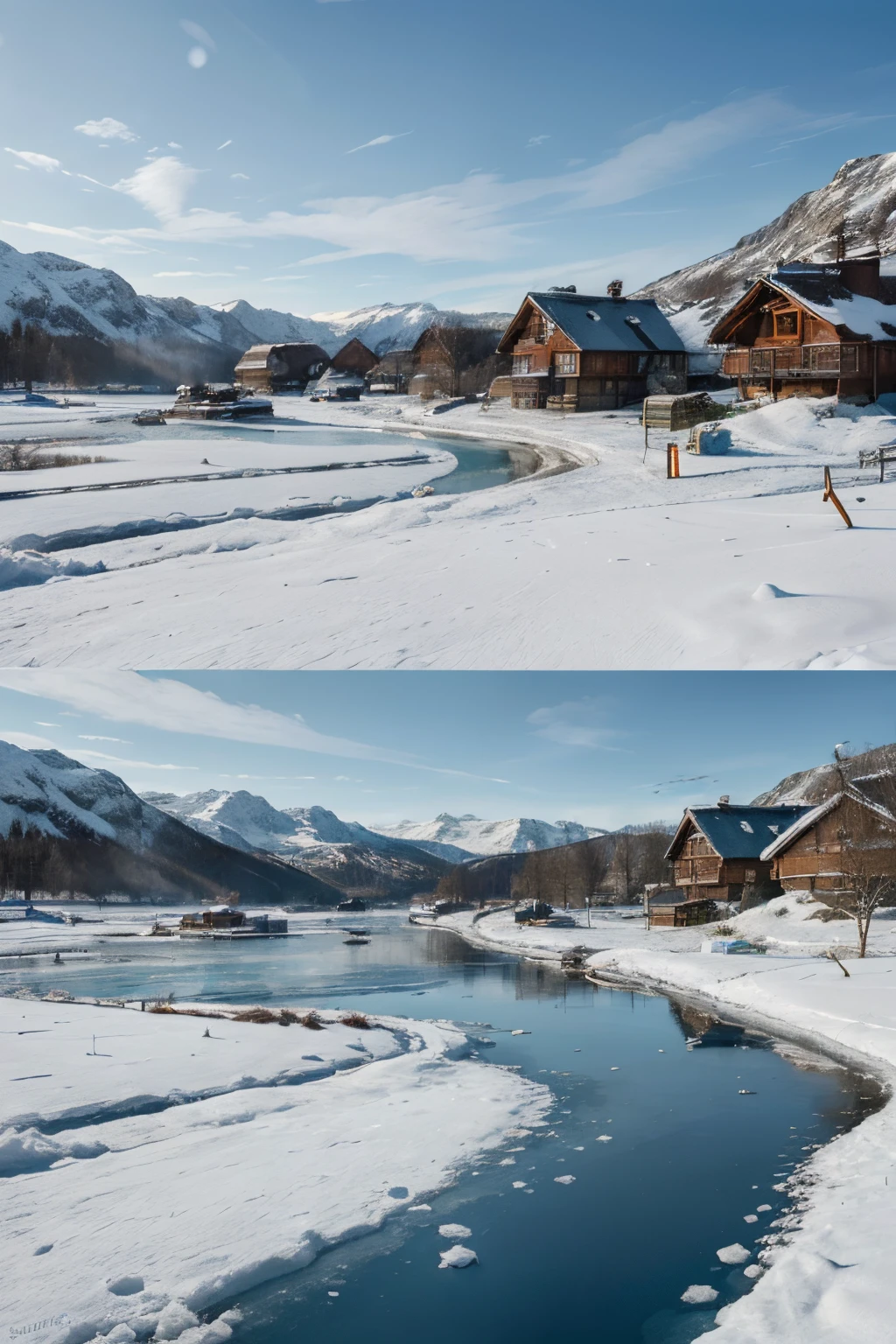 (gloomy winter scene, snowy landscape, traditional wooden houses, frozen lake, icy mountains), (best quality, highres:1.2), (photorealistic), (Nordic architecture), (subtle blue and white color palette), (soft natural lighting) abstract , photoshop ,collage