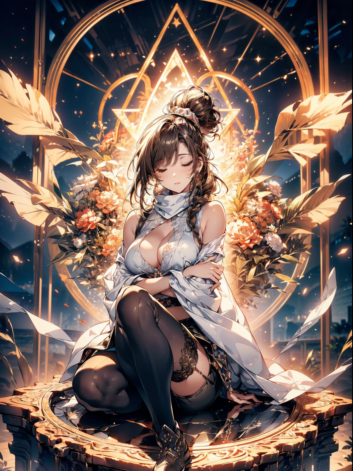 (Spiritual image:1.3), a matured woman with long black hair and a white outfit, (at a rock place in a desert:1.2), (meditating on magic-circle under starly sky:1.3, sitting Indian-styles:1.5, Yoga posing:1.1, with opening legs and rising knee:1.5, with cross-legged:1.5, opening arms, in front of Arabic ancient ruins:1.3), (floating Bible), Arabic, (Post apocalyptic:0.2), from arknights, artwork in the style of guweiz, bodyesbian, fine details. girls frontline, beautiful anime illustration, from girls frontline, by Yang J, stunning, 28 years old, (milf:1.3), (solo:1.5), (sfw:1.25), (sagging breast, fuge breasts, big tits, thin waist, big ass:1.2), Raised sexy, (dark mahogany medium short hair, updo, hair over one eye, asymmetric hair, Carly hair, low tied braids),(musulman, white Headscarfs, hair bands, head vandage, Turban), (ultra high resolution, 8K RAW photo, photo realistics, thin outline:1.3, clear focus), best qualtiy, cinematic lighting, textile shading, blurry back ground, field depth, bokeh, (Bright pupils, fine detailed beautiful eyes with highlight:1.3, high detailed face), Red lip, fine realistic skins:1.1, looking down viewers:1.3, (dynamic angle:1.3, front view:1.1, tight focus:1.3, from below:1.2), (dynamic posing:1.5, sexy posing:1.2, leaning forward), (closed eyes, opening mouth, chanting a spell:1.2), (seductive smiling:0.0), centered image, (wearing white long jacket and clothes, wearing white robes:1.3, ((bare breast:1.37)), platinum ornaments, rolling white clothes around waist, camel-brown long leather boots:1.3, translucent lace pantyhose), (((correct anatomy:1.5))), ((outdoor:1.2, in a night:1.3)),