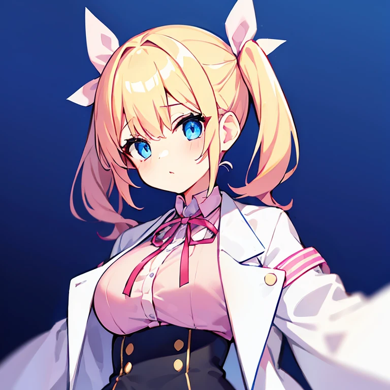 1girl, solo, pink shirt, blue_eyes, labcoat, white labcoat, large breasts, short twintails, blue_skirt, low_twintails, blonde_hair, hair_over_shoulder, bandaid, red ribbon, upper body