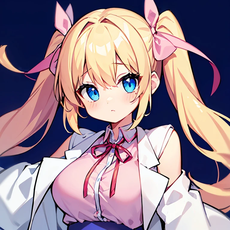 1girl, solo, pink shirt, blue_eyes, labcoat, white labcoat, large breasts, short twintails, blue_skirt, low_twintails, blonde_hair, hair_over_shoulder, bandaid, red ribbon, upper body