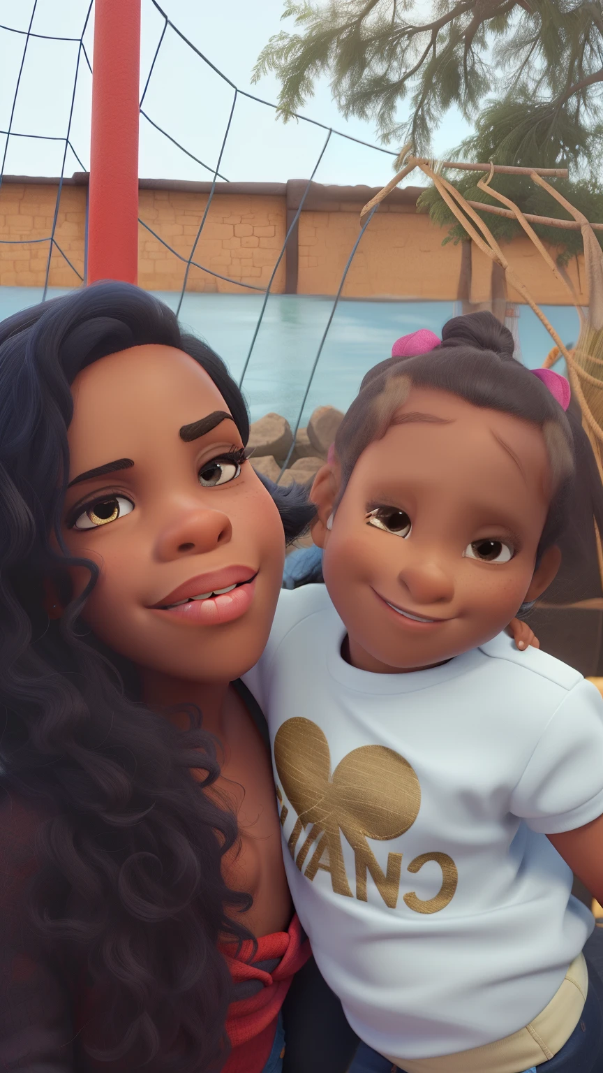 Uma mulher negra e uma crianca estilo disney pixar alta qualidade, alta qualidade