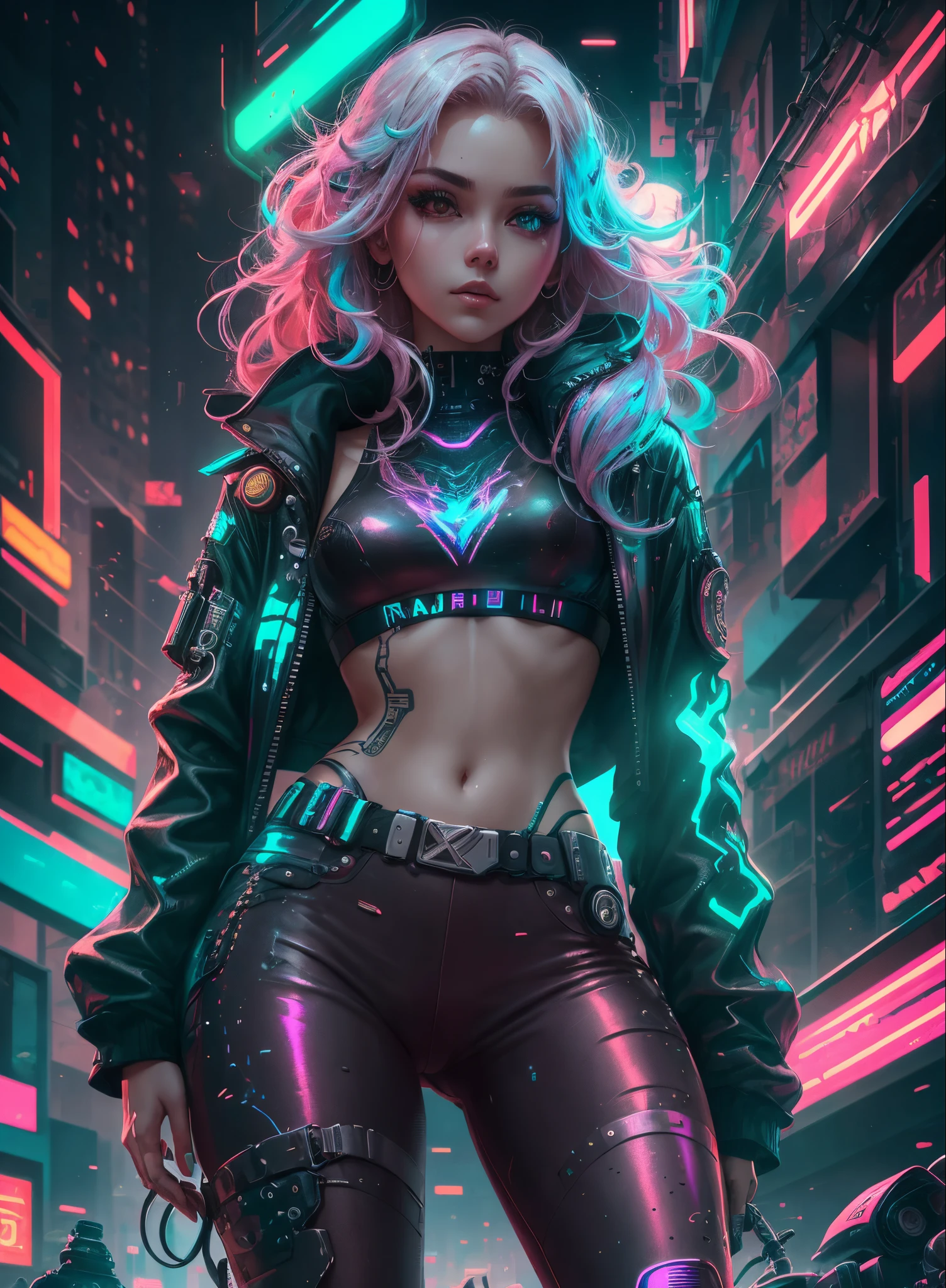 (obra-prima, melhor qualidade, 1girl, solo, detalhes intrincados, chromatic aberration), realista, ((Medium Breathment)), cabelo longo, cabelo roxo, purple head ornament, destaques roxos, cabelo sobre um olho, olhos verdes, olhos afiados, gargantilha, camisa neon, legwear rasgado, jaqueta aberta, crop turtleneck sweater, contra parede, parede de tijolos, grafite, dim lighting, beco, olhar para o espectador,((FOTOGRAFIA 8K)), HDR ,SUPER REALISTA,RAW, DETALHES HIPER-REALISTA, (cinematic style)CORES VIVAS