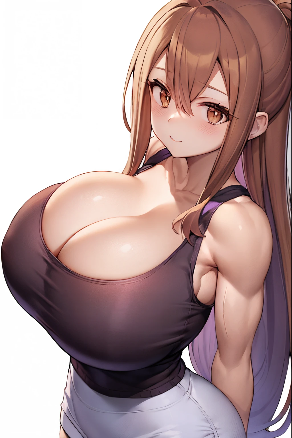 Close up portrait of woman with long purple hair, Brown-eyed woman, Classic Women, huge tit, had very large breasts, made with anime painter studio, oppai, garments:Black tank top, Female romance, Anime style, Muscular woman, feminine and muscular, Anime!!!!, Wearing a white miniskirt,tall, appeal, Bare shoulders, Bare arms,