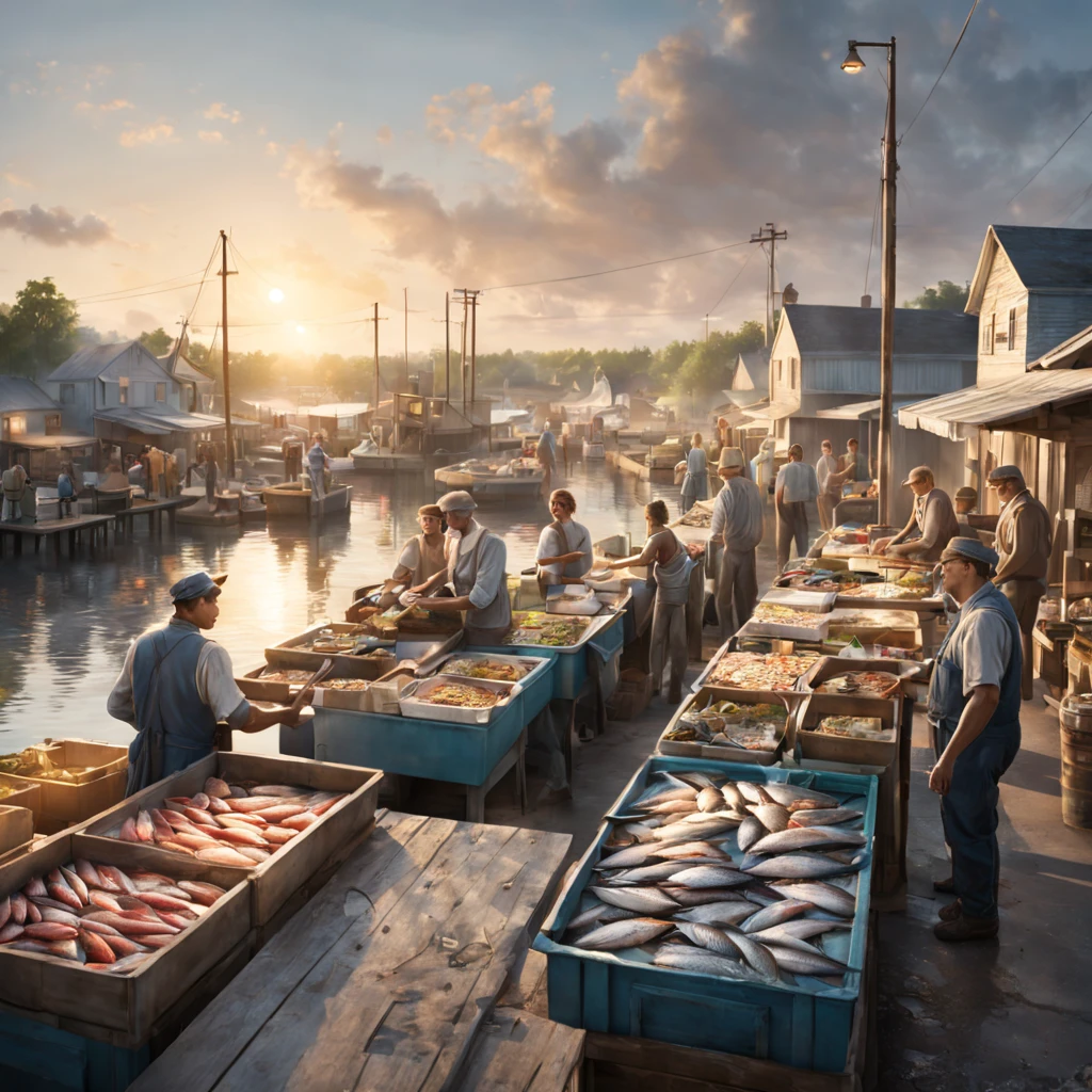 cinematic scene: fishmongers in an open-air fish market overlooking a small fishing harbor, a small township in the northern United States, modern days, summer, sunset, soft evening sunlight, realistic, cinematic, soft colors, ultra quality, hyper realistic