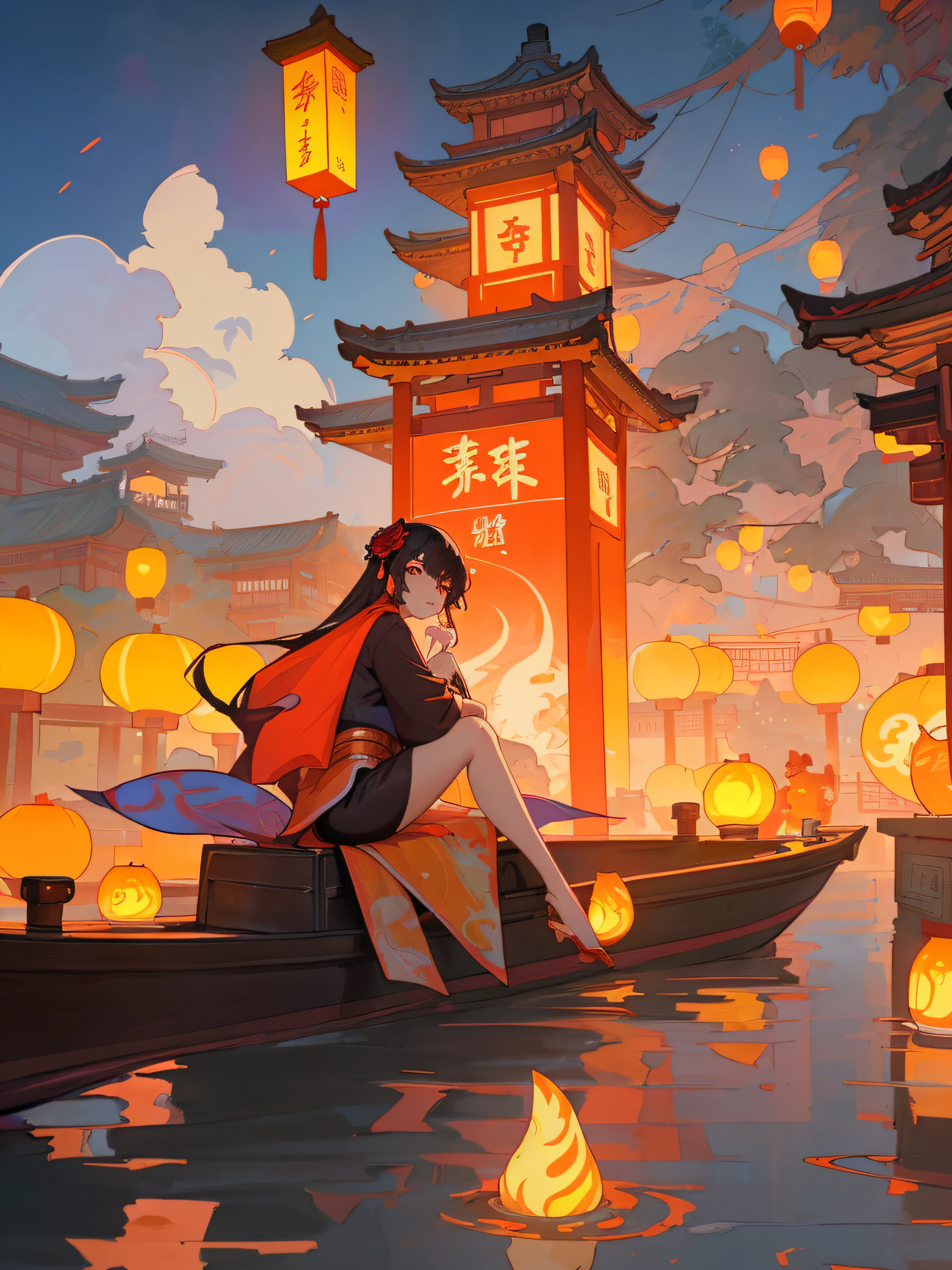 anime girl sitting on a boat in the water，Lanterns floating around, Anime beautiful peaceful scene, Japan Art Style, ross tran. scenery background, beautiful anime scenes, author：Hero, the original god, Anime art wallpaper 4k, Anime art wallpaper 4k, anime fantasy illustrations, beautiful anime artwork, Anime art wallpaper 8 K, anime backgrounds, Anime fantasy artwork guweiz style artwork, palace ， A girl in Hanfu, guweiz, Alphonse Mucha and Rose Drews, author：Hero, Belle peinture de personnage, Popular topics on cgstation, Guys, guweiz on pixiv artstation, Anime girl sitting on a ledge in front of a large lantern, girl under lantern, guweiz, Hanayama Minamata, Guviz-style artwork, 🌺 Computer Graphics Society, A masterpiece by Guvitz, anime lighting, Shen Haicheng, rossdraws global illumination, Artgerm and Atey Ghailan, by Shitao, Photo of night lanterns from video game in Chinese temple, Dream China Town, Lanterns at night, floating chinese lampoons, Rosla global lighting, ross tran. scenery background, lanterns, Chinese Dreamland, 🌺 cg society, inspired by Andreas Rocha, [ CGsociety trends ]!!, author：heroes, Inspired by Liam Wong, author：Shitao Mid-Autumn Festival，Moon cake， Auspicious clouds, Red lanterns, Exquisite ancient Chinese architecture, , Ribbon vector line drawing, Yellow、Red and dark blue tones, abstract pictures, ultra-realistic realism, Clear background trends, Clear contour light, rim-light, Fantastical, Dappled light, flatillustration,Disney  style, 8K, --with 9:16 --q 2 --two two 5