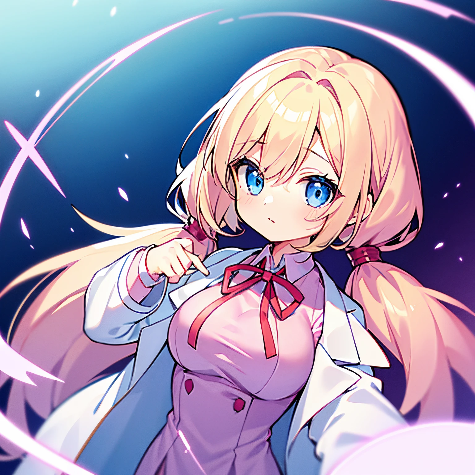 1girl, solo, pink shirt, blue_eyes, labcoat, white labcoat, large breasts, short twintails, blue_skirt, low_twintails, blonde_hair, hair_over_shoulder, bandaid, red ribbon, upper body