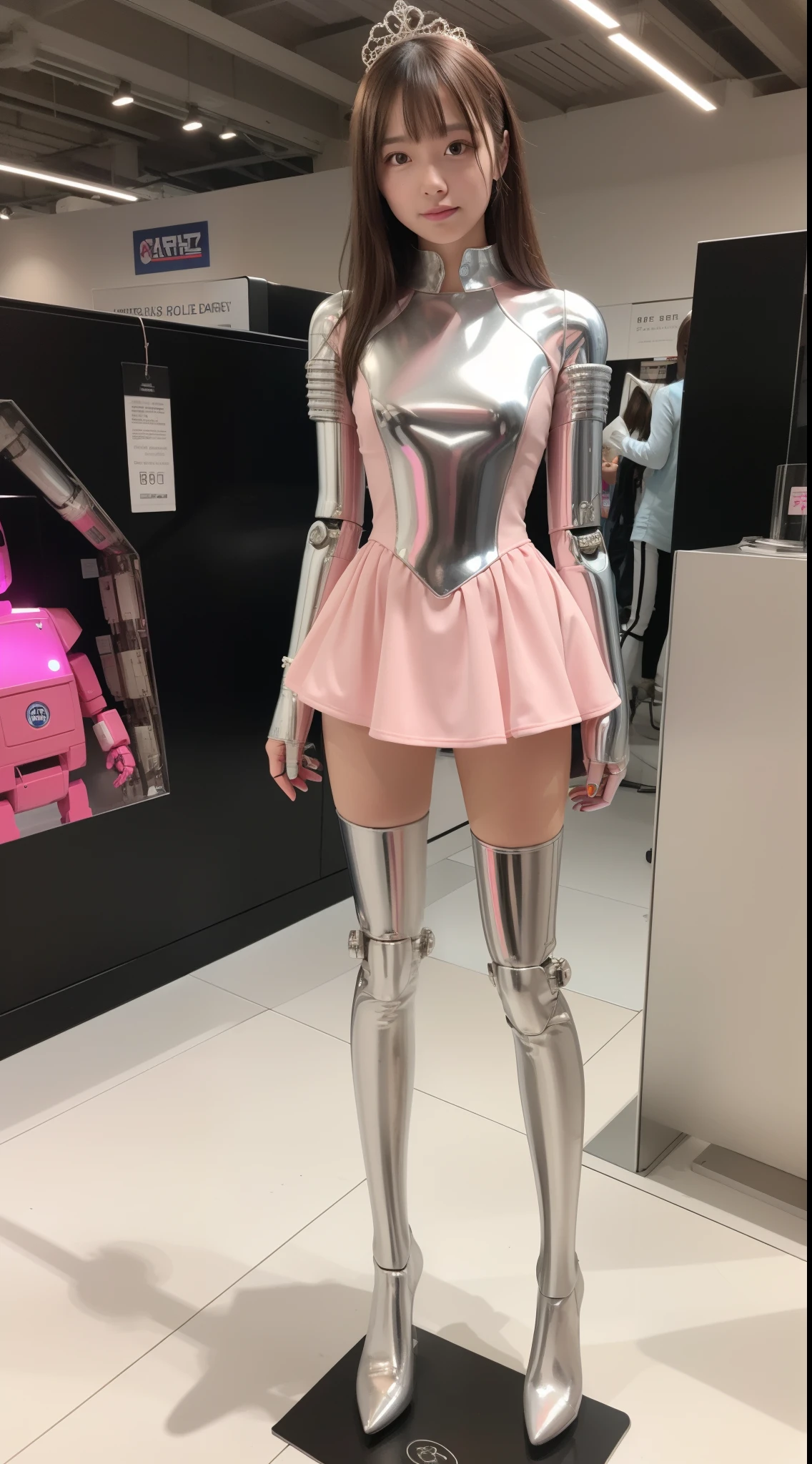 Robot Girl, pink there, Silver, Metallic body, Robot Parts, Metal Parts, Super Detailed Face, Super well-formed face, of the highest quality, a small face, a small head, Brown hair, Slender body, Camera gaze, Internal Mechanical Exposure, Idol, front facing, Well-proportioned body, sale, exhibition, Event Hall, Moe Pose, pink metallic sleeve less Princess Dress Machine Armor, Standing with legs open, Model body type, sad, Embarrassing,(Perfect Robot Girl),(Perfect machine body)