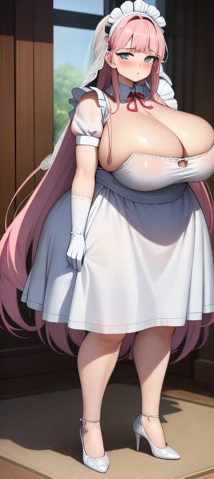 realistic, 1girl, pink hair, very long hair, wear bride veil, straight hair, blunt bangs, (beautiful eyes), blush, ((((white maid dress, fully clothed)))), ((big breast)), maid headband, white hand gloves, high heels, ribbon, night, indoor, staring at viewer, lipstick, closed mouth, bare foot, sfw, very big breast, [big belly], covered belly, thicc girl, standing, fat girl, obese girl