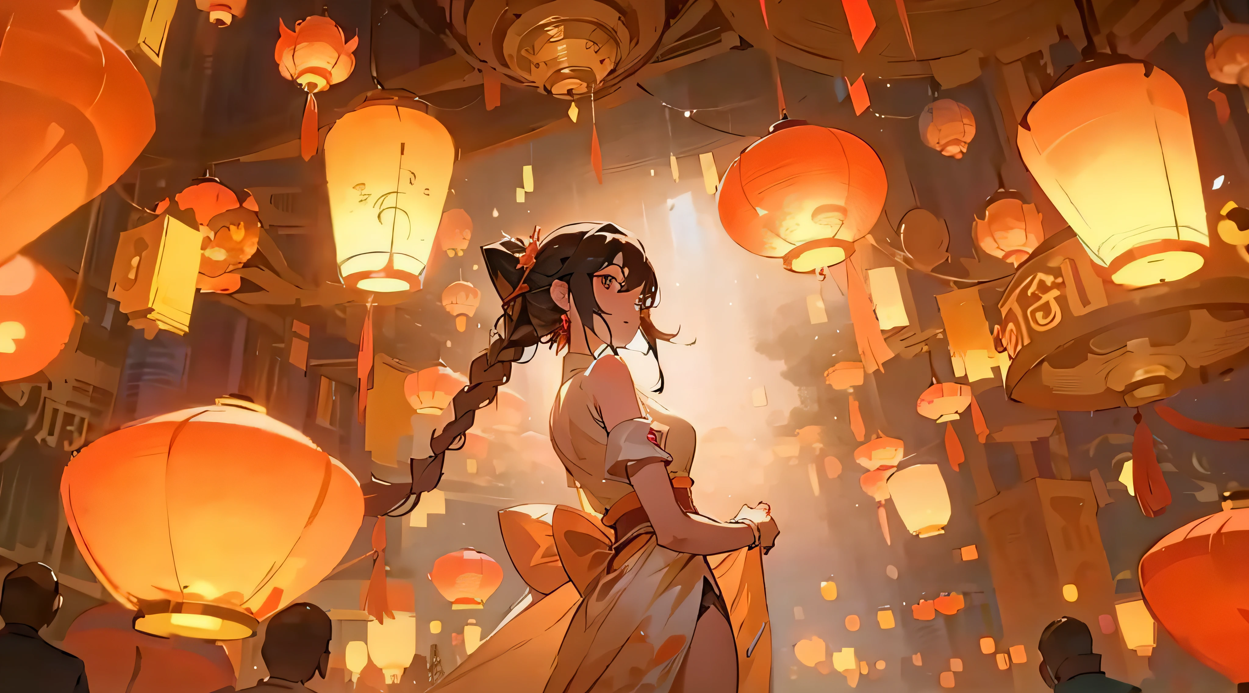 There is a woman in a white dress standing in a room with a lantern, Artgerm and Atey Ghailan, rossdraws global illumination, Inspired by Ross Tran, in the style of ross tran, Guweiz style artwork, ross tran. scenery background, Alphonse Mucha and Rose Drews, by Ross Tran, rostlan style guweiz, Guviz-style artwork, by Shitao, Guys, guweiz on pixiv artstation, guweiz on artstation pixiv, ( ( Xinhai sincerely ) ), A masterpiece by Guvitz, Popular topics on cgstation, Guwitz《girl under lantern》, anime lighting, Shen Haicheng, rossdraws global illumination, Artgerm and Atey Ghailan, by Shitao, Photo of night light in Chinese temple video game, Dream Chinatown, Lanterns at night, floating chinese lampoons, Rosla global lighting, ross tran. scenery background, lanterns, Chinese Dreamland, 🌺 Computer Graphics Society, inspired by Andreas Rocha, [ CG social dynamics ]!!, author：heroes, Inspired by Liam Wong, author：Shitao Mid-Autumn Festival，Moon cake， Auspicious clouds, Red lanterns, Exquisite ancient Chinese architecture, Ribbon vector line drawing, Yellow、Red and dark blue tones, abstract pictures, ultra-realistic realism, Clear background trends, Clear contour light, rim-light, dream-like, Dappled light, flatillustration,Disney  style, 8K, --with 9:16 --q 2 --two two 5