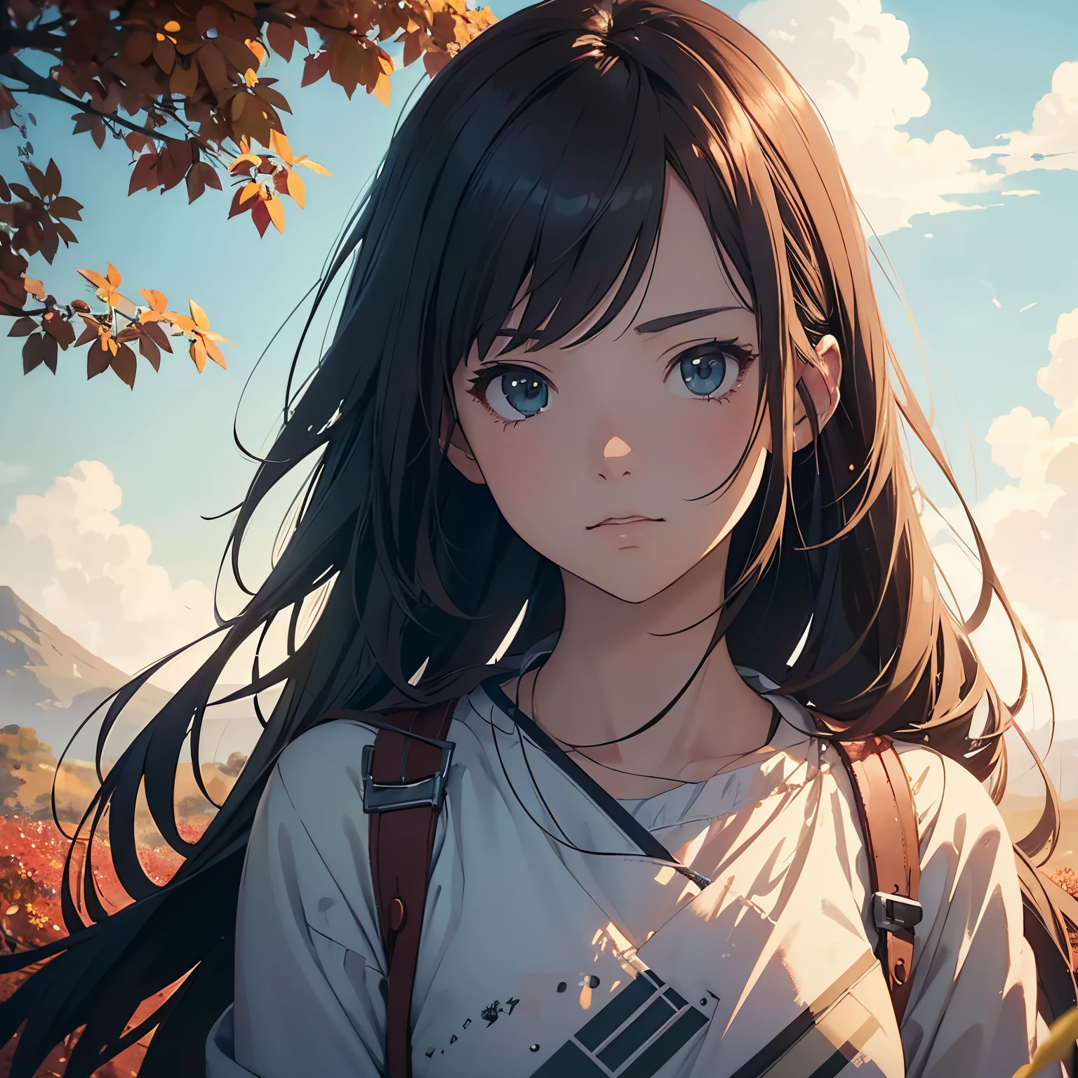 portrait of cute girl, cloudy sky background lush landscape illustration concept art anime key visual trending pixiv fanbox by wlop and greg rutkowski and makoto shinkai and studio ghibli、Boom、Remove、autumnal