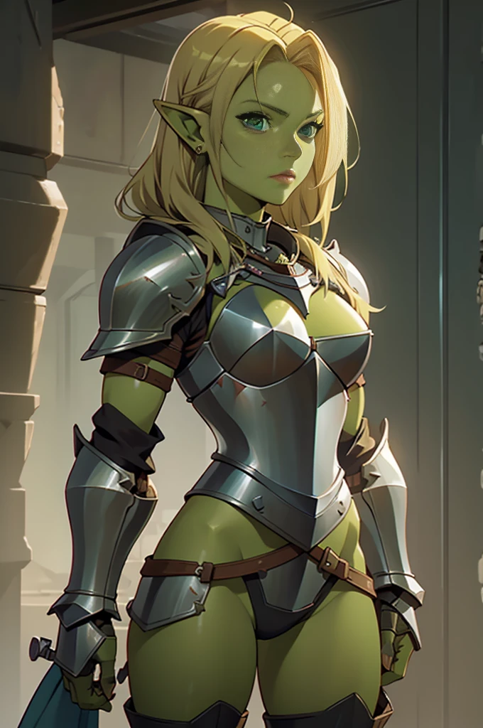 Solo, female, standing, small breasts, ((green skin, blonde hair)), pointy ears, ((steel chestpiece, steel armor, knight)), goblin, modest clothing, shortstack