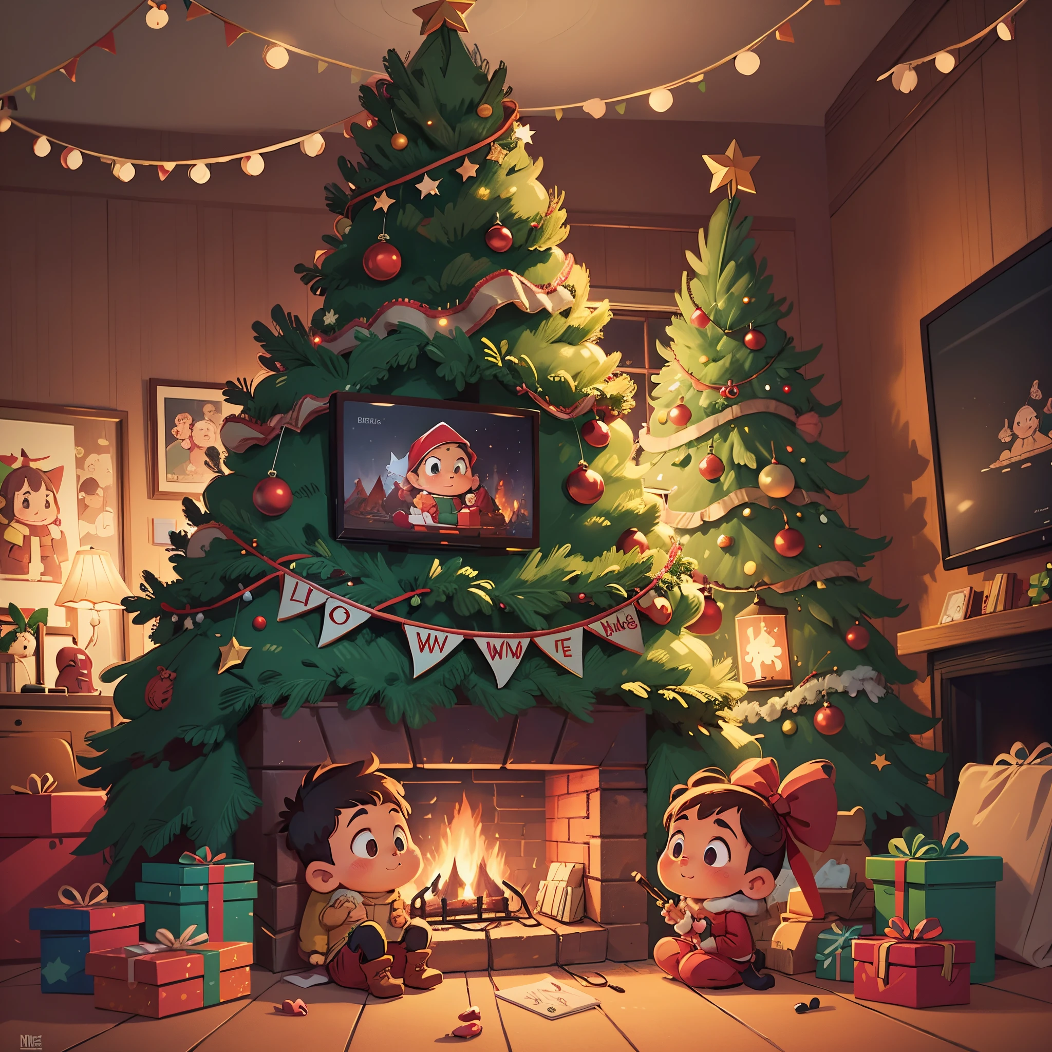 Christmas tree, fireplace, kids, night, cartoon illustration style, vintage tones, gifts