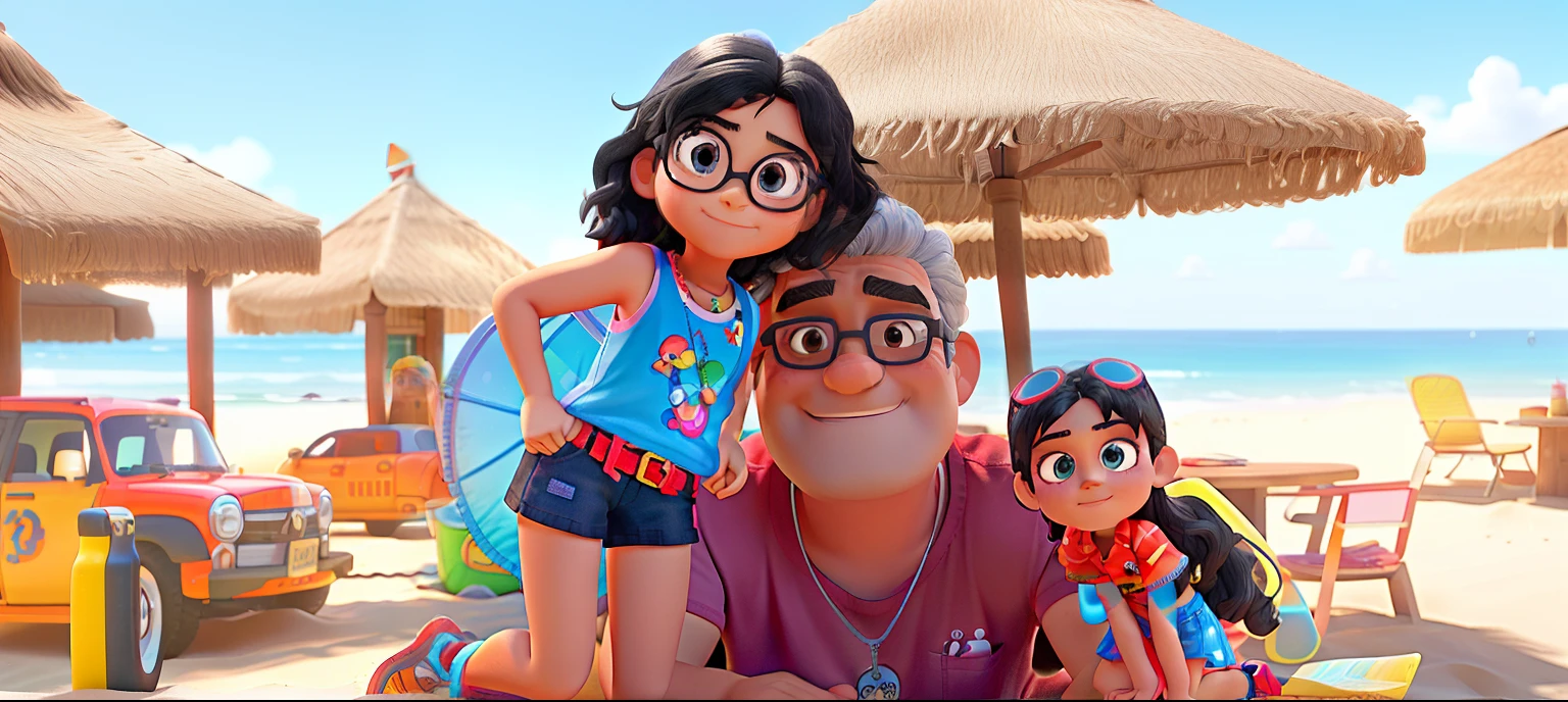 A 10 year old girl in a colorful beach bikini, short wavy black hair and blue swimming goggles, with his 47 year old grandfather, With eye Glasses, beardless and with a red tank top and a silver chain and a crucifix pendant, com um modelo Disney Pixar,