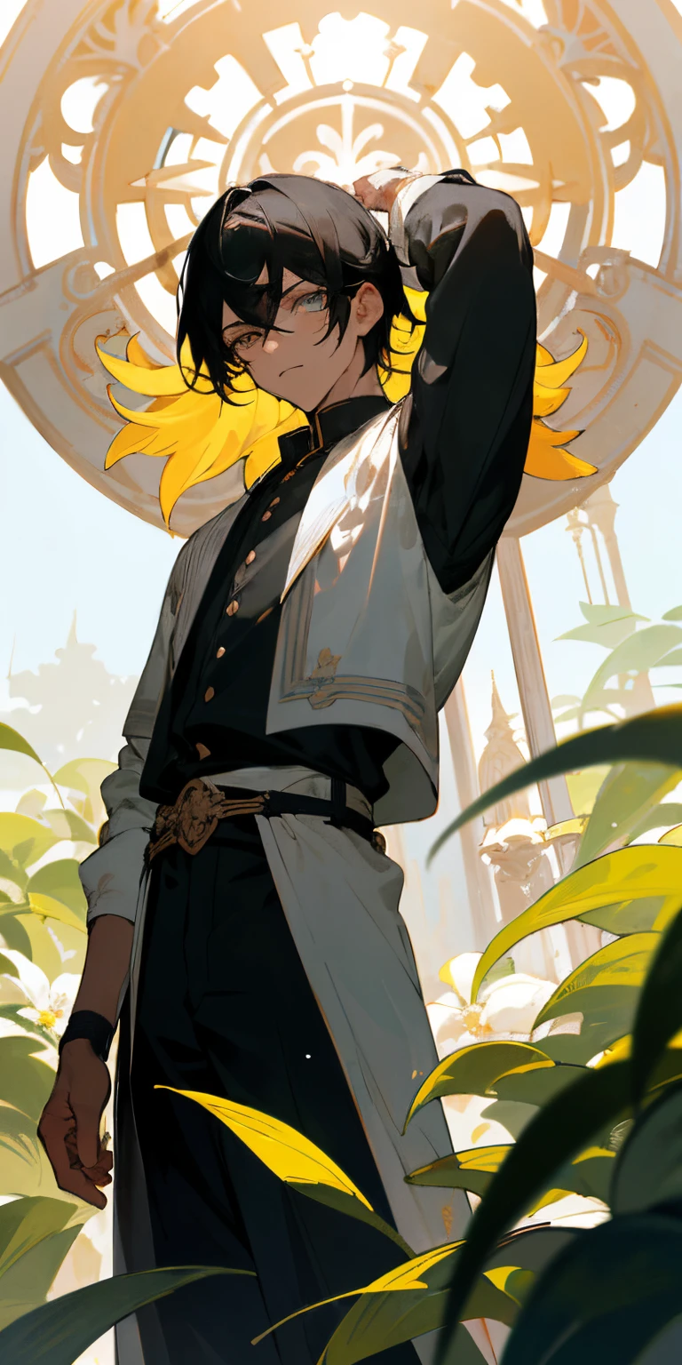 (obra maestra, mejor calidad),estilo anime, un chico cabello negro, estilo wolfcut, ojos dorados, Ropa negra y estilo metal,piel clara, serious expression, in a white room, mucha ropa pesada. sentado en un campo de plantas y flores verdes, con la mano debajo de la barbilla, warm lighting, primer plano borroso.