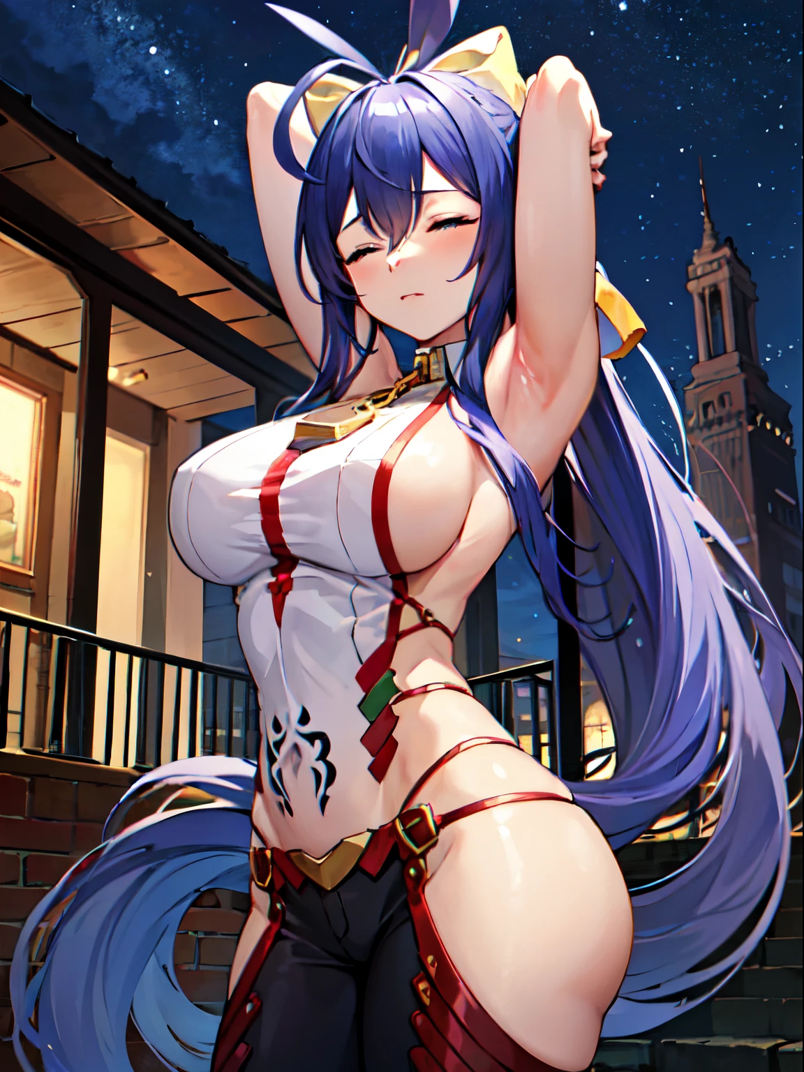 mainatsumems, bow, ribbon, sidelocks, bare shoulders, halterneck, backless outfit, sideboob, pants, lowleg pants, BREAK (masterpiece, best quality:1.3), 4k, ultra-detailed, trending in pixiv, intricate details, detailed background, detailed eyes, BREAK (in the park, outdoors, night, scenery:1.4), BREAK 1girl, solo, cowboy shot, (stretching, arms up, closed eyes:1.4)
