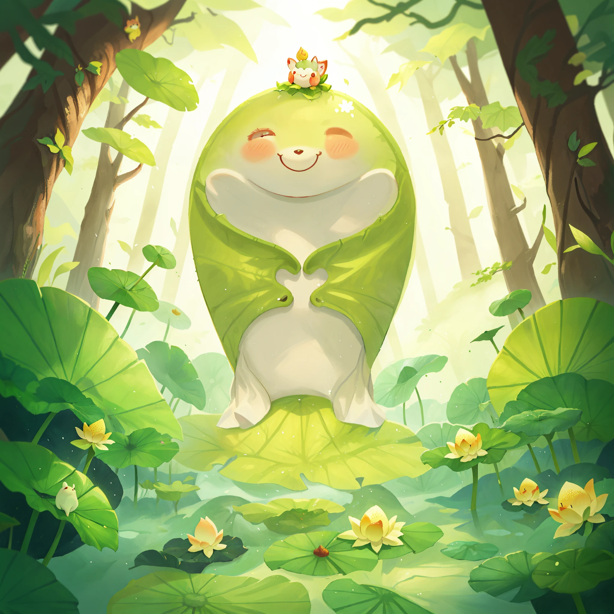 A lotus leaf,cute forest creature,with smile,softlighting, cream