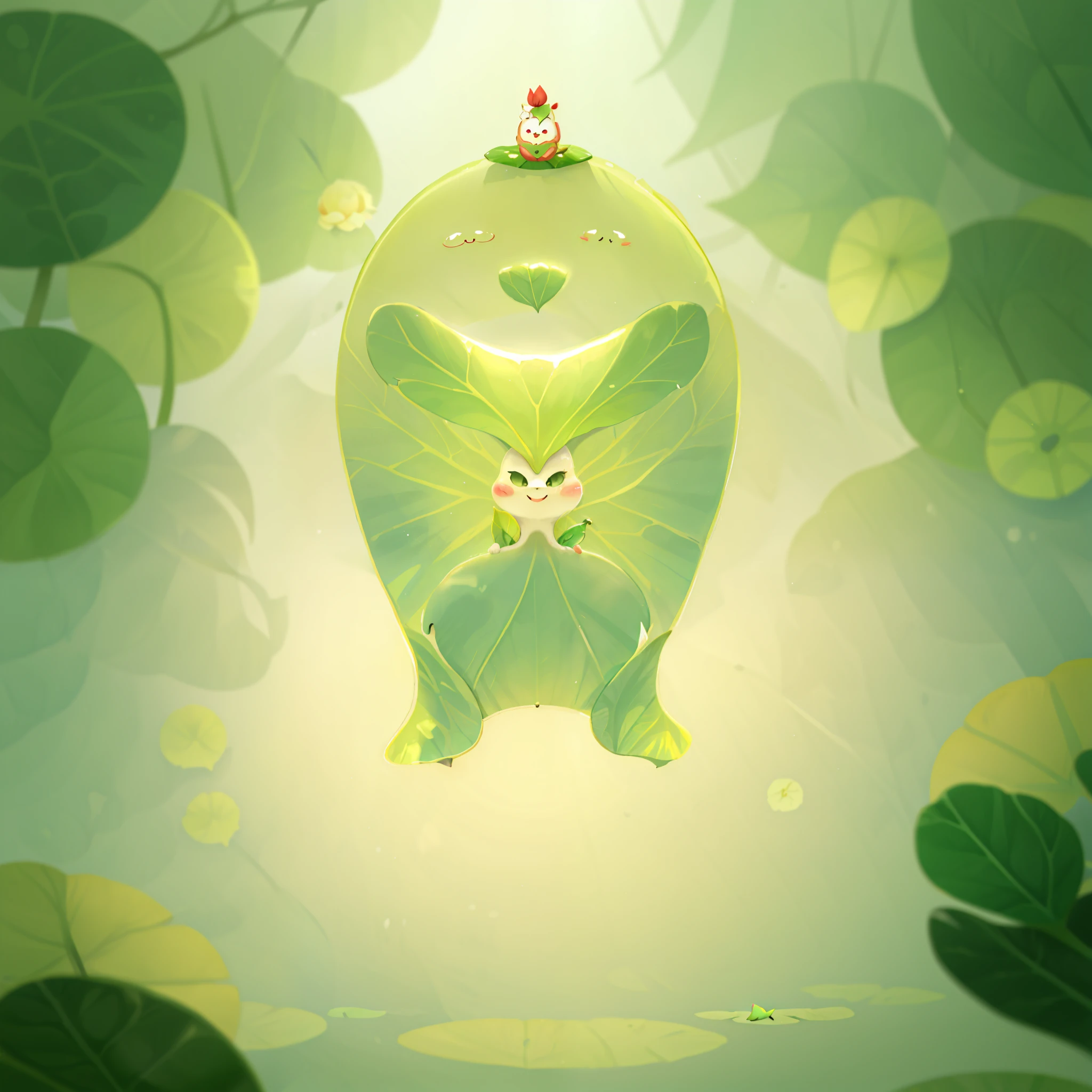A lotus leaf,There is a face on it, cute forest creature,with smile,soft light, Cream
