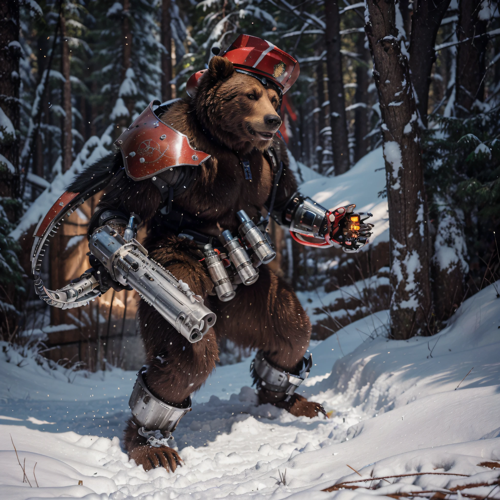 grizzly bear with cybernetic parts, cables and tubes, has a gatling gun on his arm, red metal armor, Russian military hat, is in a snowy Russian forest, 4k, Ultra detailed image, realistic, Highly detailed, perfect composition, gorgeous, Intricately detailed, incredibly detailed, Art photography 8K, hyper detailed, Masterpiece, Ultra detailed, hyper realistic, 4k, Ultra detailed image, realistic, Highly detailed, perfect composition, beautiful, intricately detailed, incredibly detailed, art photography 8k, hyper detailed, masterpiece