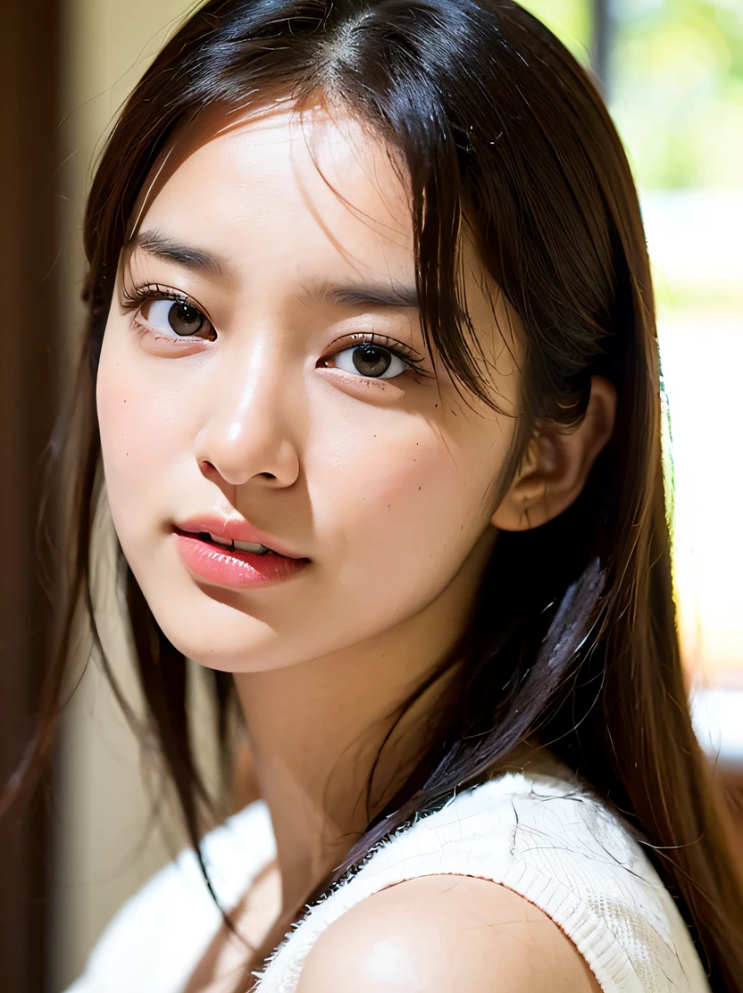 hightquality、hight resolution、masterpiece、foco nítido、photographrealistic、Raw photography、lighting like a movie、Photorealistic portrait of stunningly beautiful woman、bustshot、High color saturation、High contrast、Highly detailed brown eyes、detailed symmetric realistic face、Highly detailed natural textures、Peach fluff、messy black hair、ighly detailed、finely detail、ultra realistic textures、Dramatic Lighting、watching at viewers、校服、Button shirts and skirts、 Japan Street、Detailed hand depiction、细致背景