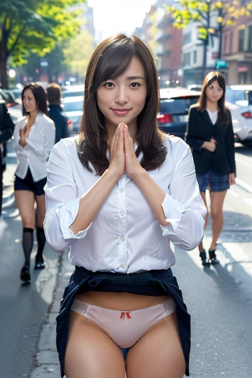 ((((People on the street in the background々does not show underwear))))(((Lift the skirt with both hands)))Whitish panties,((Never take off your underwear:1.4))((best qualtiy, 8K, tmasterpiece:1.3)), sharp:1.2, Perfect figure beautiful woman:1.4, Slim abs:1.2, ((Layered Hair Style, Huge:1.2)), (Long shirt with buttons:1.5),(Street:1.2),(((Lifting the skirt with your own hands:1.5))),Highly detailed facial and skin texture,A detailed eye,二重まぶた,A sideways glance at the camera,open-shirt,Sweet smile,((People in the background do not show their underwear))