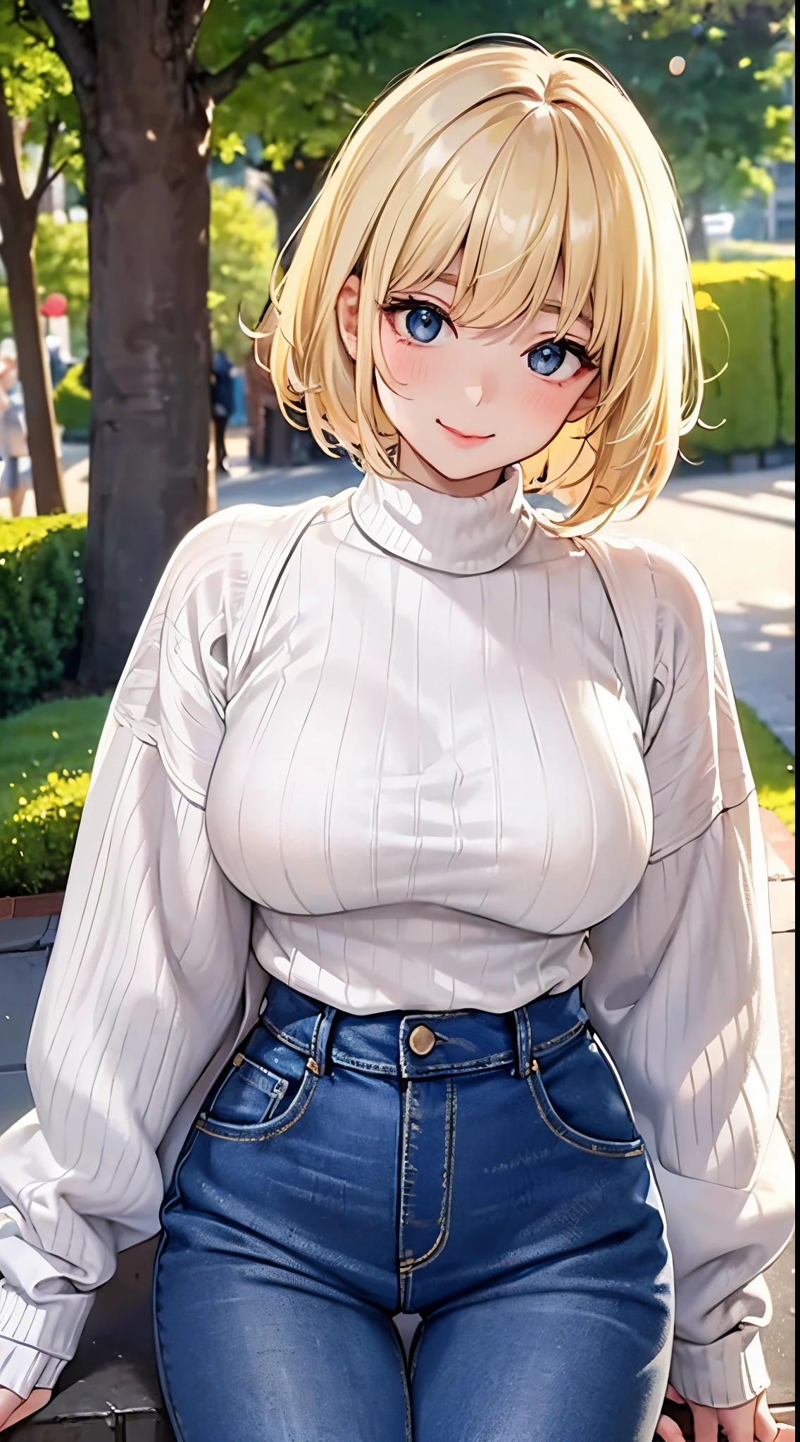 ​masterpiece、top-quality、Ultra detail、beautiful  lighting、femele、Tight jeans、blonde  hair、(White sweater:1.5)、turtle neck、is standing、on the park、beautful view、little blush、a smile、（very large breast：1.5）、（shiny lip：1.1）、（beautidful eyes：1.1）、amazing background、Hair with mouth closed、D on the back of the arm_back、short-hair