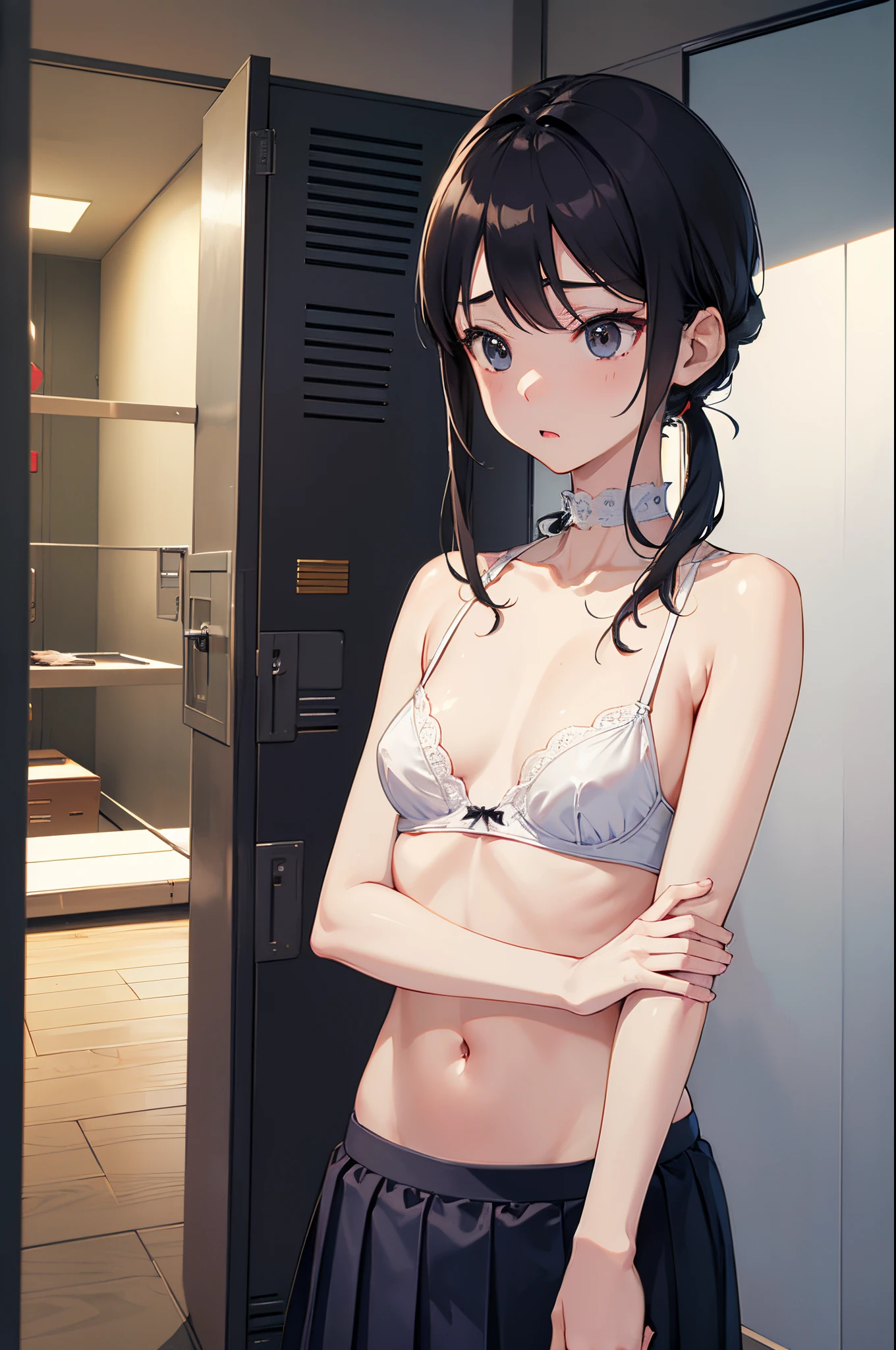 masutepiece,Best Quality,超A high resolution, 8K,Professional Lighting, Photon mapping, Teleportion, analogue, handdraw, Anime Face, NSFW,((3People Girls)), Looking away:1.5、(Locker Room:1.4), (flat chest:1.2)、Large audience、(upper body close - up:1.2)、navy pleats skirt、White bra