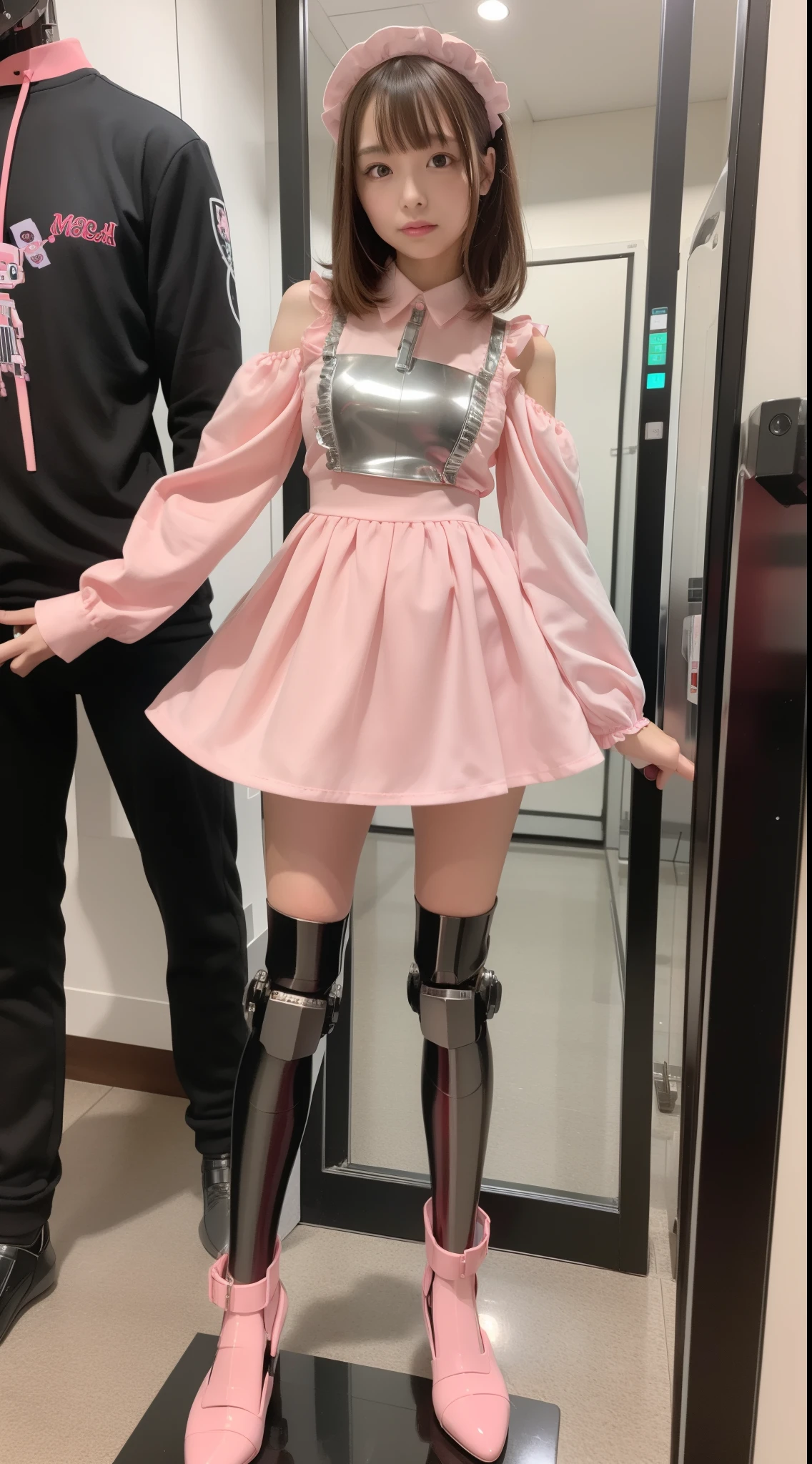 Robot Girl, pink there, Silver, Metallic body, Robot Parts, Metal Parts, Super Detailed Face, Super well-formed face, of the highest quality, a small face, a small head, Brown hair, Slender body, Camera gaze, Internal Mechanical Exposure, Idol, front facing, Well-proportioned body, sale, exhibition, Event Hall, Moe Pose, sleeve less pink metallic maid Dress Machine Armor, Standing with legs open, Model body type, sad, Embarrassing,(Perfect Robot Girl),(Perfect machine body)