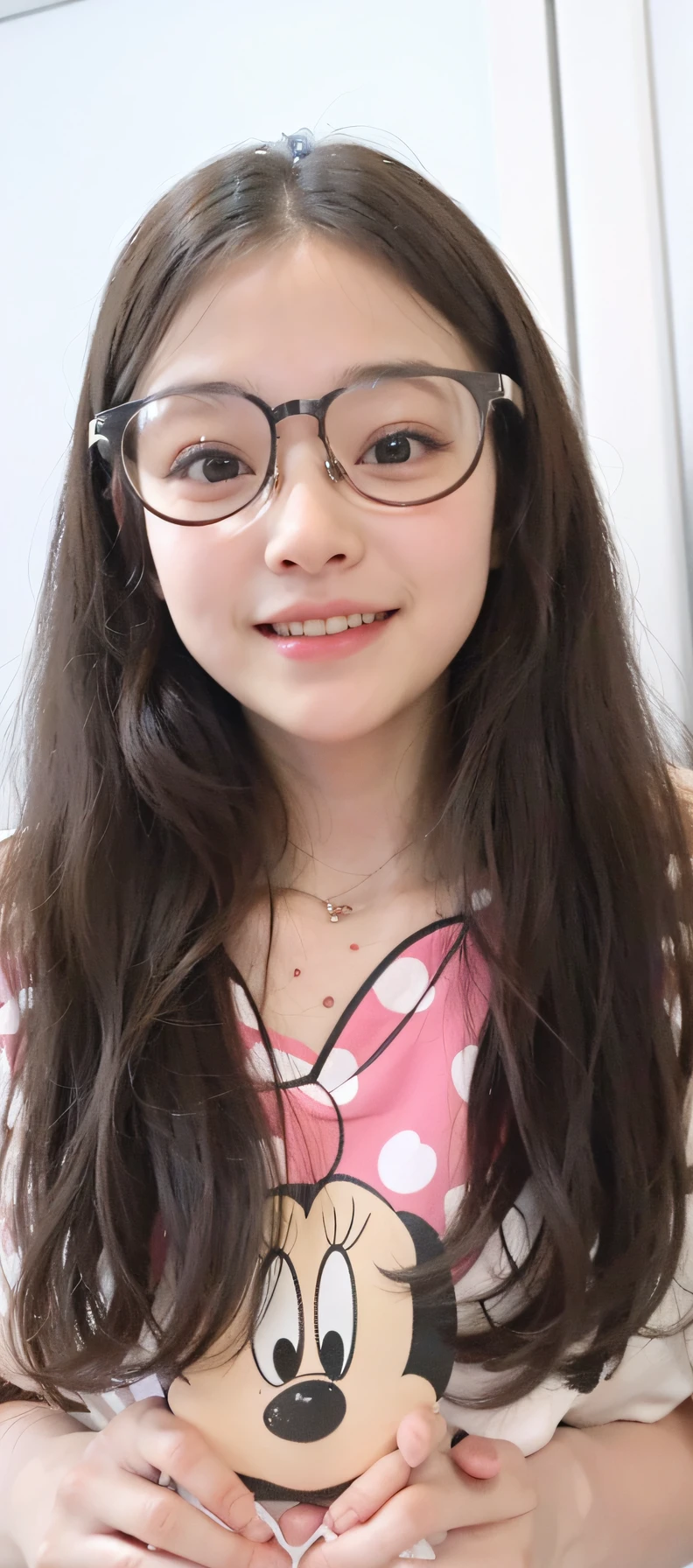 a close-up of a young woman wearing glasses and a Minnie Mouse shirt, She wears Harry Potter glasses, girl with glasses, She is 8 and is very cheerful, full of life and happy.