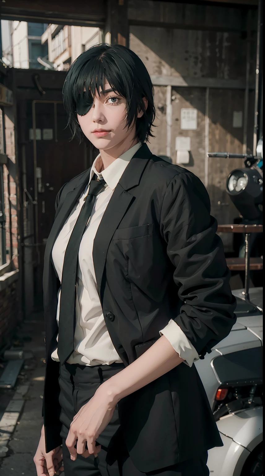 himeno, eyepatch, green hair, blue eyes, medium hair, bangs,
black eyes, (masterpiece:1.2), himeno, 1girl, solo, looking at viewer, short hair, shirt, black hair, office background, standing, jacket, full body, white shirt, necktie, collared shirt, pants, black jacket, brown footwear, black pants, left eyepatch, formal, suit, black necktie, shirt tucked in, beautiful, beautiful woman, perfect body, perfect breasts, smile, realism, masterpiece, textured leather, super detail , high detail, high quality, best quality, 1080p, 16k