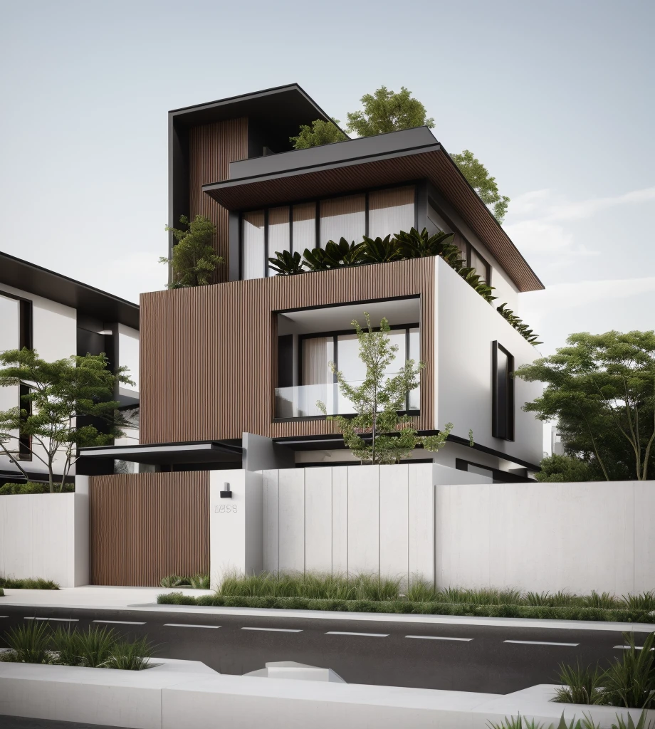 a view of a modern home with a large front yard, main material by glossy white wall and black stone and wood,  1 road runs in front of the house,  (RAW photo, real, best quality, masterpiece:1.2), look morden minimalist, 1 road in front of the house, shime ring light, light brighteness from indoor:1.2, dynamic lighting:1.3, (hyper realistic, photo-realistic:1.2), high quality, day lighht, hight contrast :0.5 perfect lighting, archdaily,  award winning contemporary, contemporary masterpiece, well-designed masterpiece, large modern residence, neotraditional modern, wide angle exterior 2022, midcentury modern, contemporary house, hip modern vibe, a long-shot from front, award winning modern design, stunning lines, residential, subtle detailing