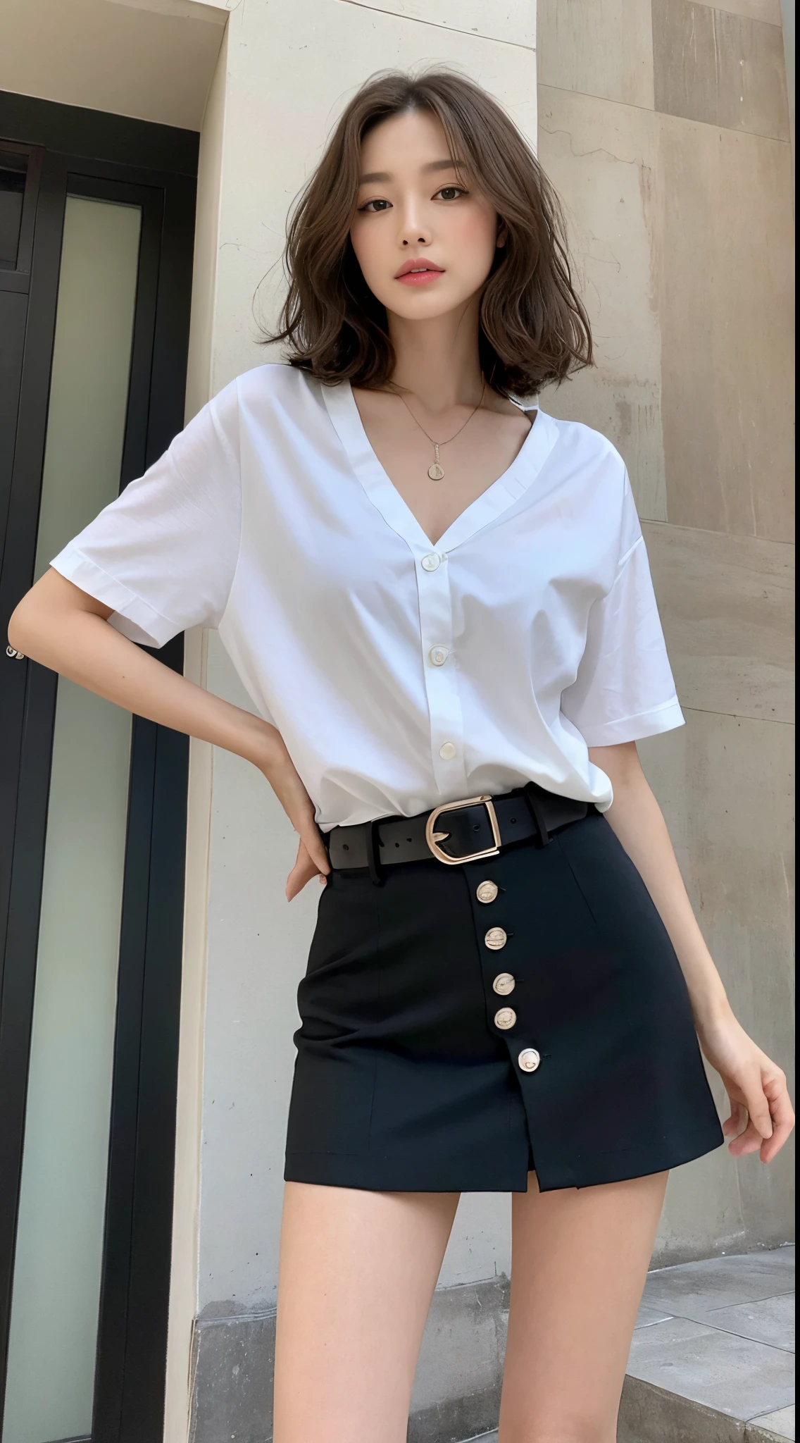 (top-quality、hight resolution、masterpiece:1.3)、Tall and cute woman、Slender Abs、Light brown hair styled with loose waves、short-hair、Bob Style、tiny chest、Wearing a pendant、White button-up shirt、a belt、Black skirt、(Modern architecture in background)、Details exquisitely rendered in the face and skin texture、Detailed eye、二重まぶた