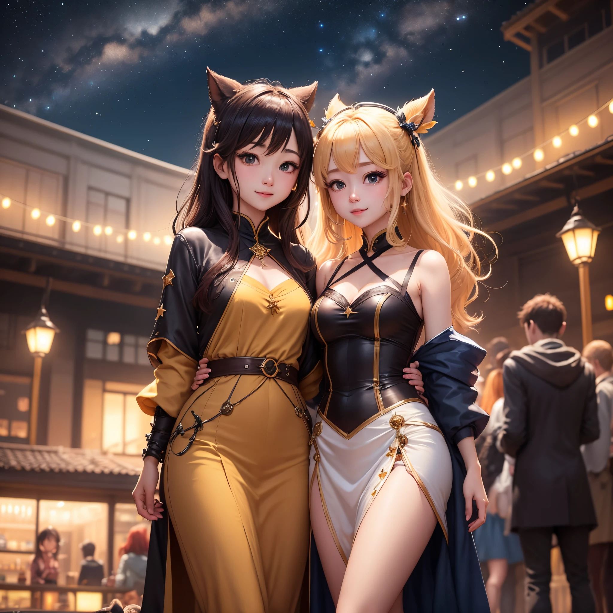 best qualtiy，Multiple girls，nedium breasts，2girls，Yae Miko，Raiden Shogun，Purple eye，Pink hair，Japanese style costume，Purple colored hair，huge tit，long whitr hair，cleavage，hair adornments，upper legs，Purple kimono，Stockings，By bangs，beast ear，Remove sleeves，Fox ears，Wide sleeves，komono，themoon，arma，pigtails
