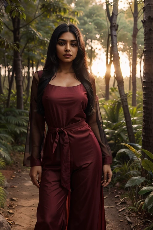 A detailed image of an Indian woman with long black hair in a sexy red Salwar Kameez in a forest in the red sunset ultra-realistic 8k