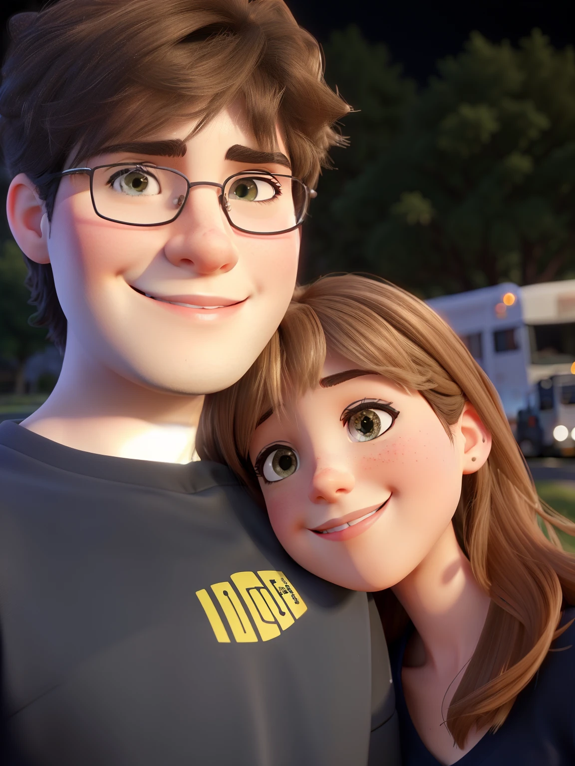 they are posing for a photo together in front of a bus, imagem de qualidade muito baixa, foto de perfil 1024px, foto de perfil headshot, imagem granulada pesada, foto de baixa qualidade, granulado de baixa qualidade, Fotografia selfie 8k, trees in the background, halfbody headshot, muito granulado, sorriso ligeiramente desajeitado, both smiling for the camera