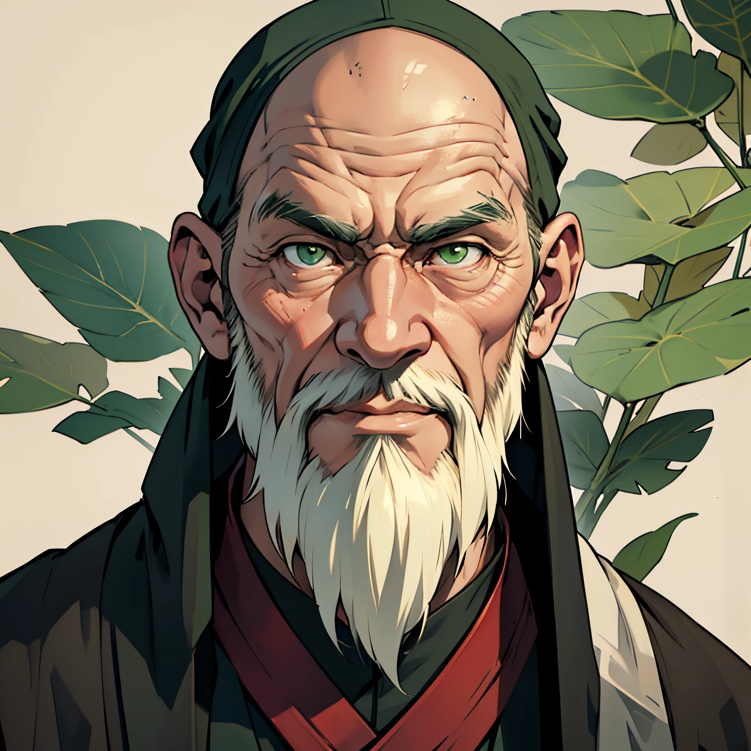 anime image of an wrinkly old man with green eyes, bald, many wrinkles, long chinese style beard, smirking, friendly grandpa, grandfather, old, over a hundred years old, good guy, head shot, close up shot, simple background, ninja clothing, japanese clothing, dark clothing