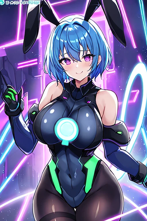 1girl, blue hair, large breasts, breasts, thick thighs, wide hips, purple eyes, bodysuit, black bodysuit, short hair, light smile, happy, very short hair, science-fiction, tech, futuristic, black pantyhose, neon, machinery, bunny ears, neon trim, anime style, 2d, anime screencap, blue neon trim, shoulder armor
