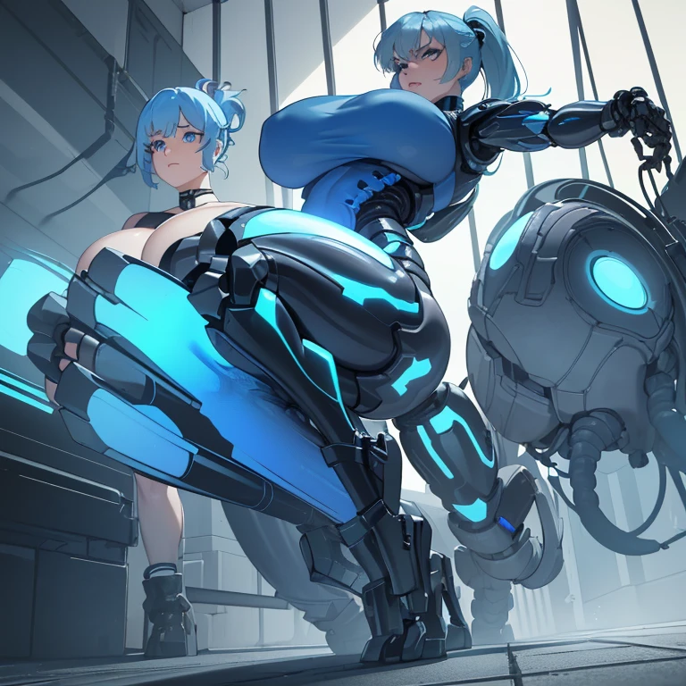 ((1 cyborg woman)),((huge breasts,biomechanical breasts)),((completely naked)),((urethral insertion)),((short light blue hair with ponytail,blue eyes)),(( with giant blue rubber penis in the anus)),((walking in a gray futoristic room)),