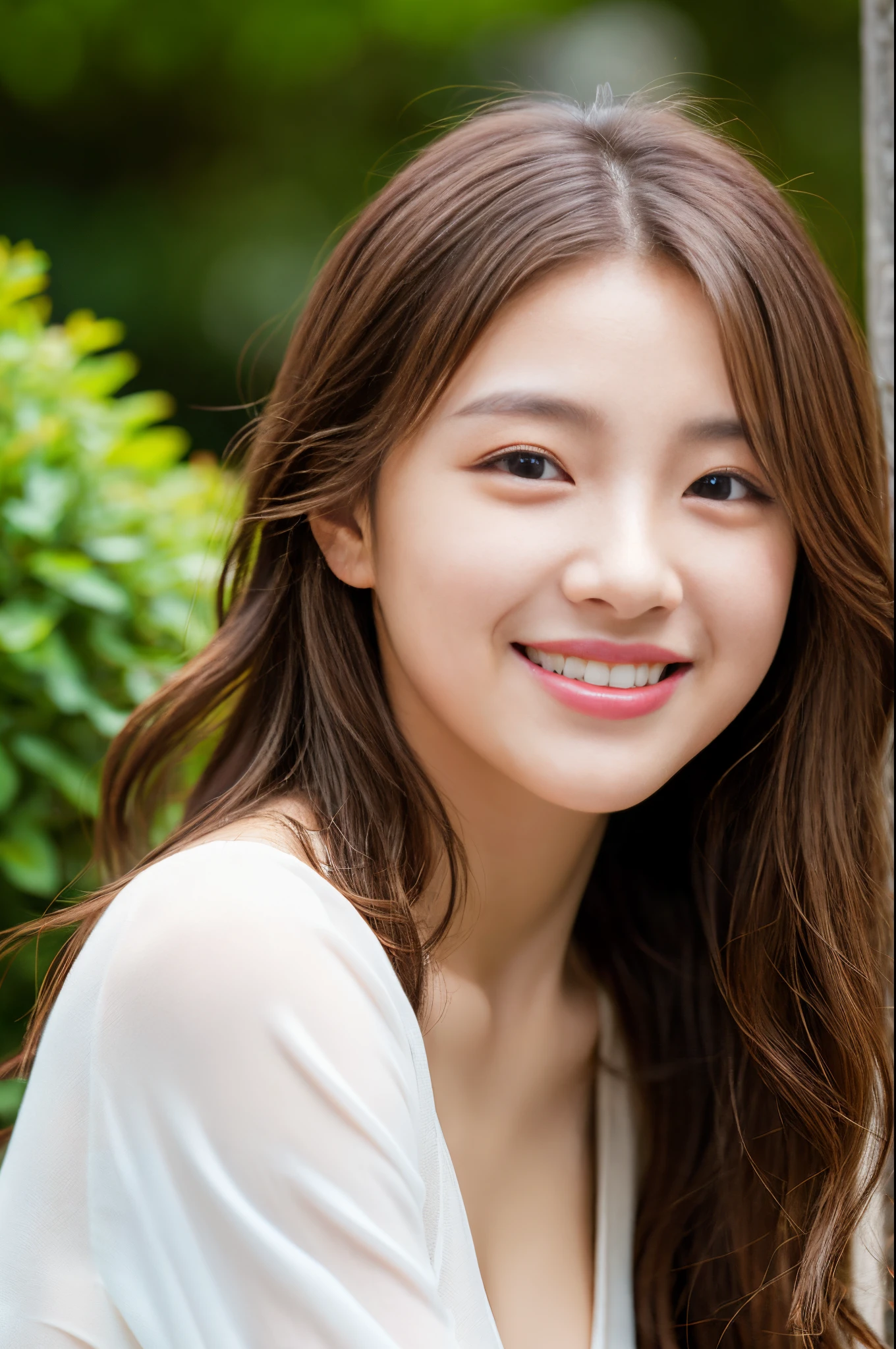 top-quality、masterpiece、超A high resolution、(Photorealsitic:1.4)、Raw photo、1girl in、Brown hair、waved hair、Medium length hair、shinny skin、Morning light、dramatic lighting、(A smile:1.2)、Slimed、A slender、Very small bust、