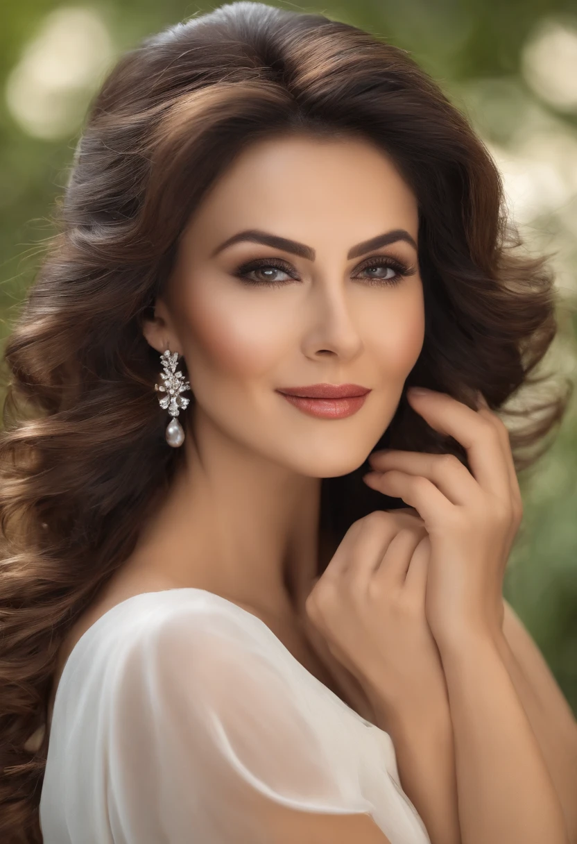 Middle ,Beauty matures、self-assured、 Beautiful eyes、Delicate facial features、Stylish and generous、Elegant and decent、 confident demeanor、Cross your hands and face forward、 well manicured、Stylish and innovative、A hairstyle that exudes the charm of mature women