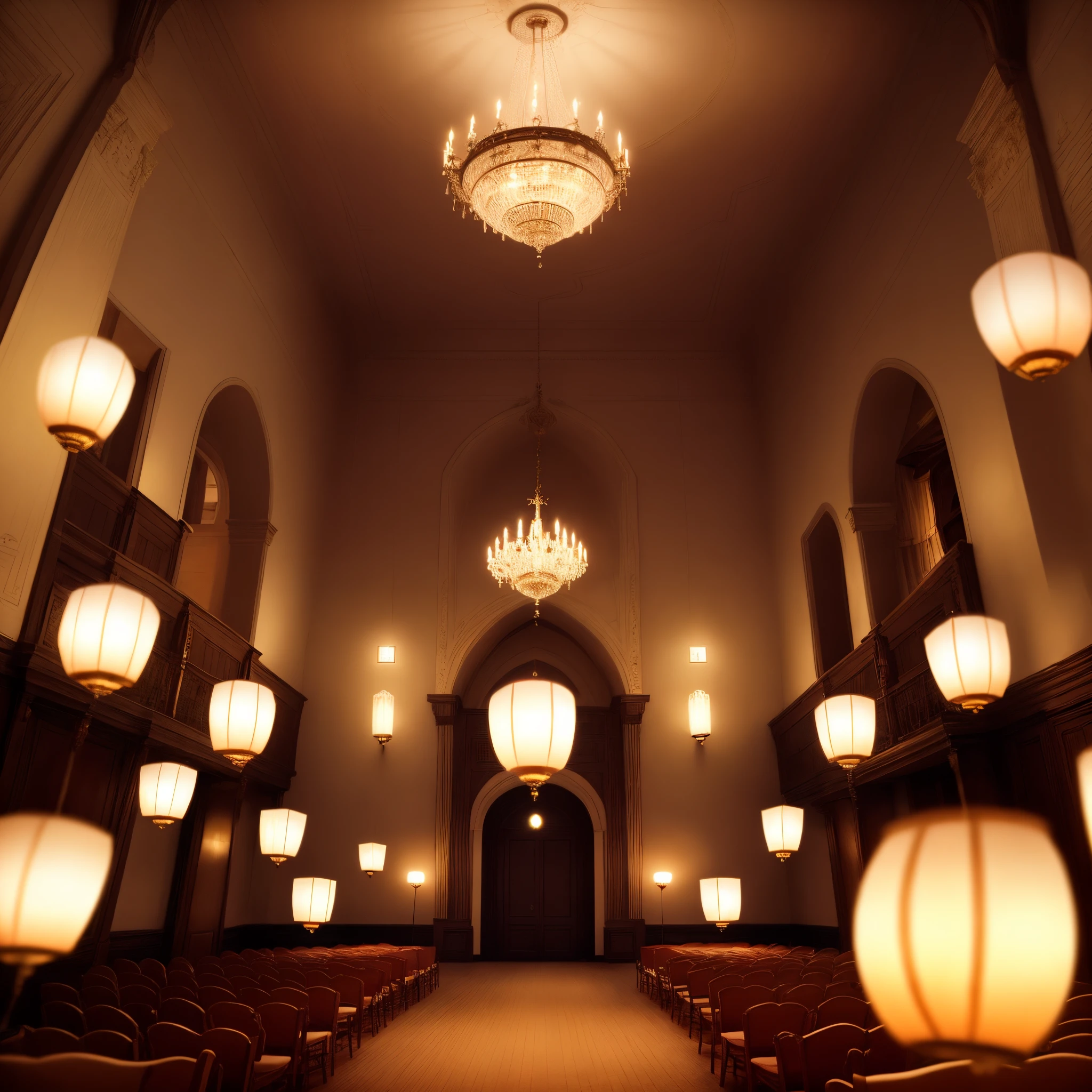 A large, empty, completely dark, castle ballroom filled with many very small, cylindrical, squared, warm lighted glowing lanterns hanging from the ceiling