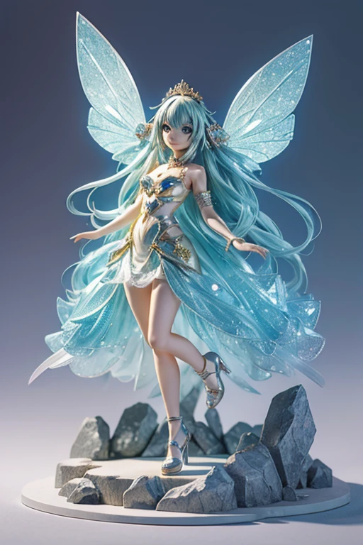 (Same character, front, side, back), (full body); 3d; 3d toy art; toy art; anime style; glitter; cordierite stone goddess