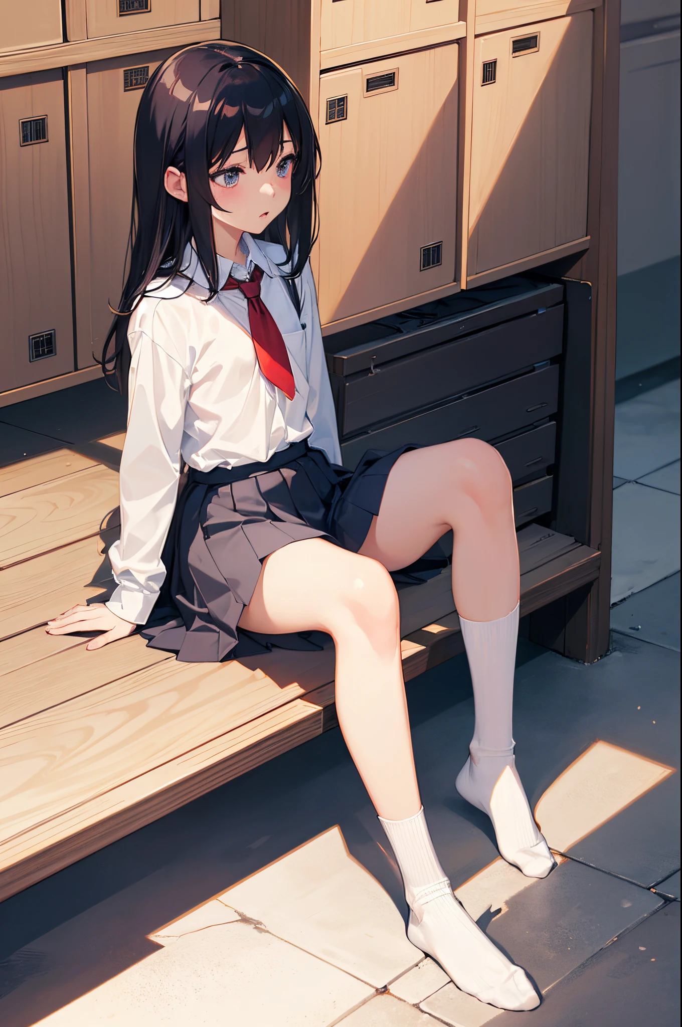 masutepiece,Best Quality,超A high resolution, 8K,Professional Lighting, Photon mapping, Teleportion, analogue, handdraw, Anime Face, NSFW, 1 girl, Solo, (seminude:1.2),Looking away, wearing school uniform, White socks, Locker Room,(flat chest:1.2)、undergarment、NSFW