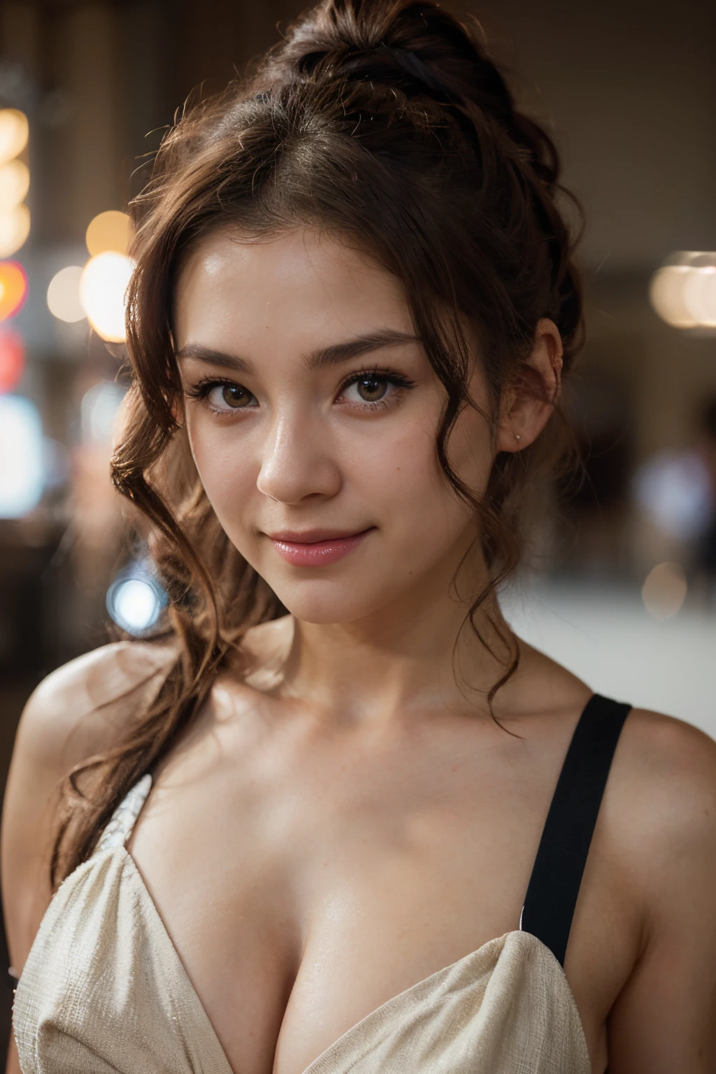 drill hair, cover hair, hair in a bun, Large hair, Medium hair, bow headband, heart-shaped pupils, raised eyebrows, smiling, purse lips, hyper realism, regeneration, Japanese cartoons, in anime style, movie lights, Depth-Of-Field, God light, shaded, Fuji color, first-person view, Throw, wide angle, in anime style, hyper realism, super high-definition, retina, A masterpiece, accurate, textured skin, high detailed, high-resolution, 16k