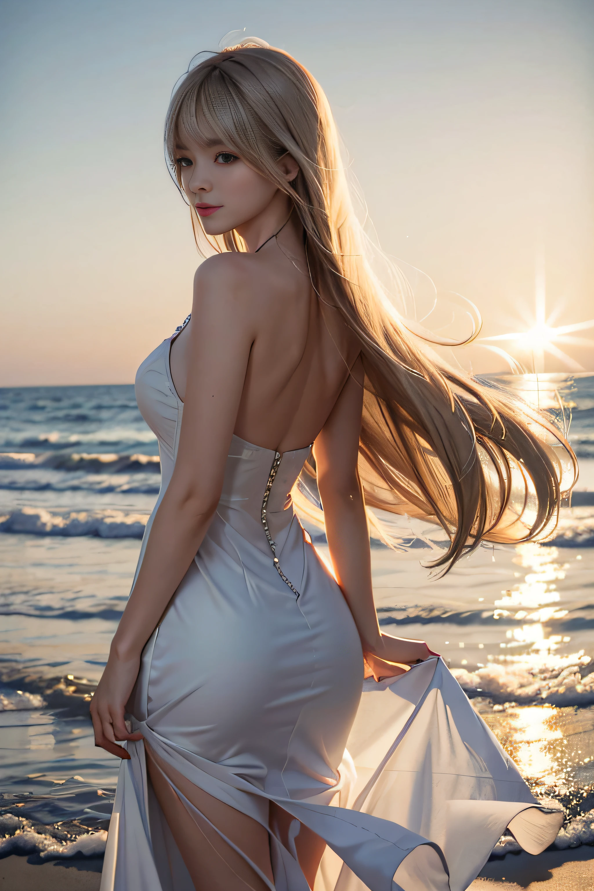 1 girl, blonde hair, gray hair, long hair, bangs, sparkling eyes, long eyelashes, eyes shine, compensate, smile, Depth of written boundary, from below, silhouette, from behind, wide shot, f/1.4, 135mm, canon, nffsw, retina, Accurate, anatomically correct, rough skin, Super detailed, advanced details, high quality, 最high quality, High resolution, 8k, (Woman walking on the beach at sunset), 逆光のsilhouette, (off shoulder translucent black dress), ((光を通して体のsilhouetteが見える)), (hair blowing in the wind), (my skirt flies in the wind)、White thong panties are visible