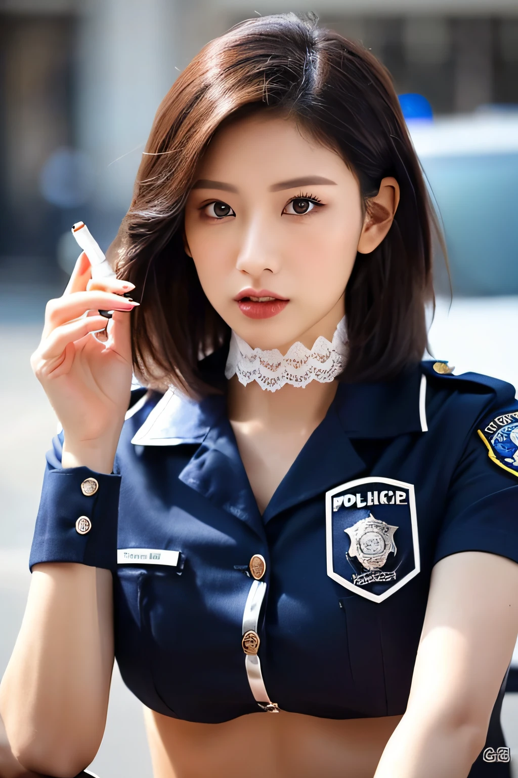 ((Smoking))、Police Officer Woman、(((Lace panties)))、(in 8K、top-quality、masterpiece:1.2)、(realisitic、Photorealsitic:1.37)、ultra-detailliert、Princess、police station、(blush of the nose)、(Angry)、Medium chest、beatiful detailed eyes、(shirt with collar:1.1)、((police officer uniform))、Cigarette smoke、(shorth hair:1.2)、pureerosface_v1、detailed finger、face with beautiful details、Have a cigarette、