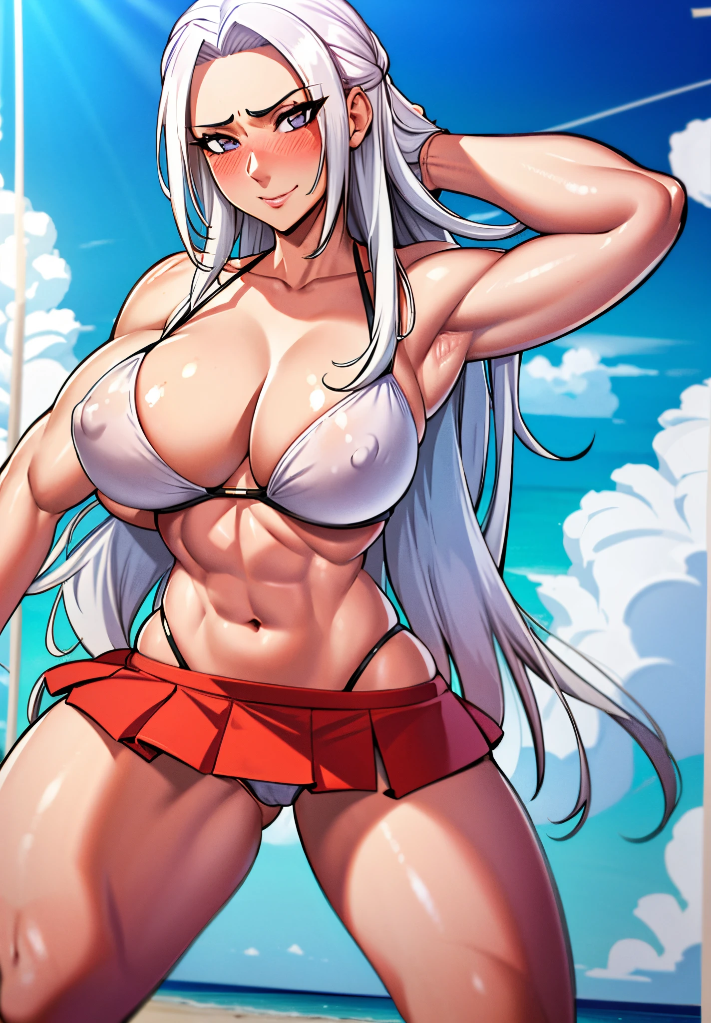 masterpiece, best quality, highres, high quality, collage, perfect image, 1girl, Edelgard, white hair, red bikini, red mini skirt, abs, long legs, bare shoulders, toned muscles, biceps, triceps, face, gentle smile, blush, collarbone slim legs, underboob, aroused, (gigantic breasts:1.4), detailed hands, island, beach, ocean background, tropical island, summer,