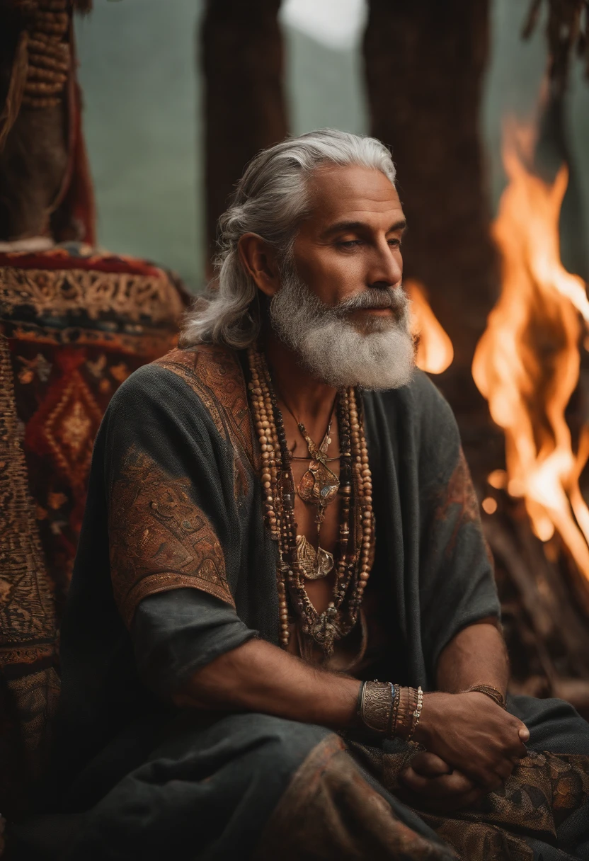 A beautiful shot of a handcrafted ceremonial space, adorned with colorful textiles and intricate tapestries, with a small fire burning in the center.,original,piercing, insightful eyes that reflect a lifetime of understanding the mind’s mysteries, and lengthy, silver hair that flows like a river down his back, complementing his earth-toned robes adorned with symbols of the natural world. His skin bears intricate tattoos, each a testament to a particular plant or psychedelic compound he has mastered.