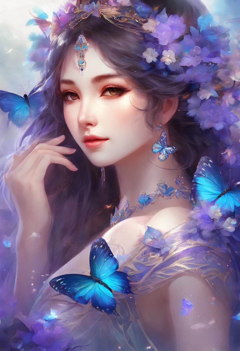 Butterfly motif、Purple and blue tones、Vibrant colors、((​masterpiece)))、(((top-quality)))、((ultra-detailliert))、(A hyper-realistic)、(highly detailed CGillustration）、From the right side、Official art、Milan at the beginning of the 20th century、Decadent、Madame Papillon、Masquerade、refinement、Elegance、Gorgeous、Masks that cover most of the face、Colorful and detailed mask design、matchless beauty、Fans、gorgeous dress、jewely、Perfect Angle、perfect-composition。full body Esbian